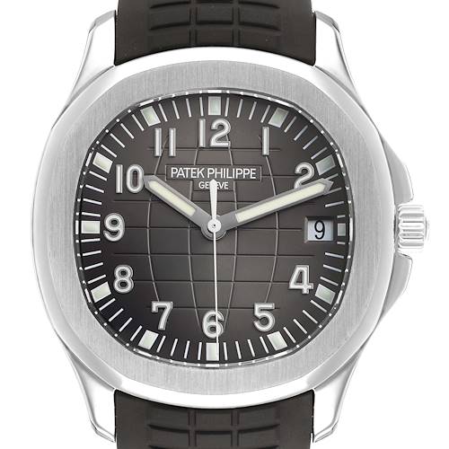 The image shows a frontal view of the Patek Philippe Aquanaut 5167A Men's Stainless Steel Black Dial watch, highlighting the dial, hands, bezel, and crown.