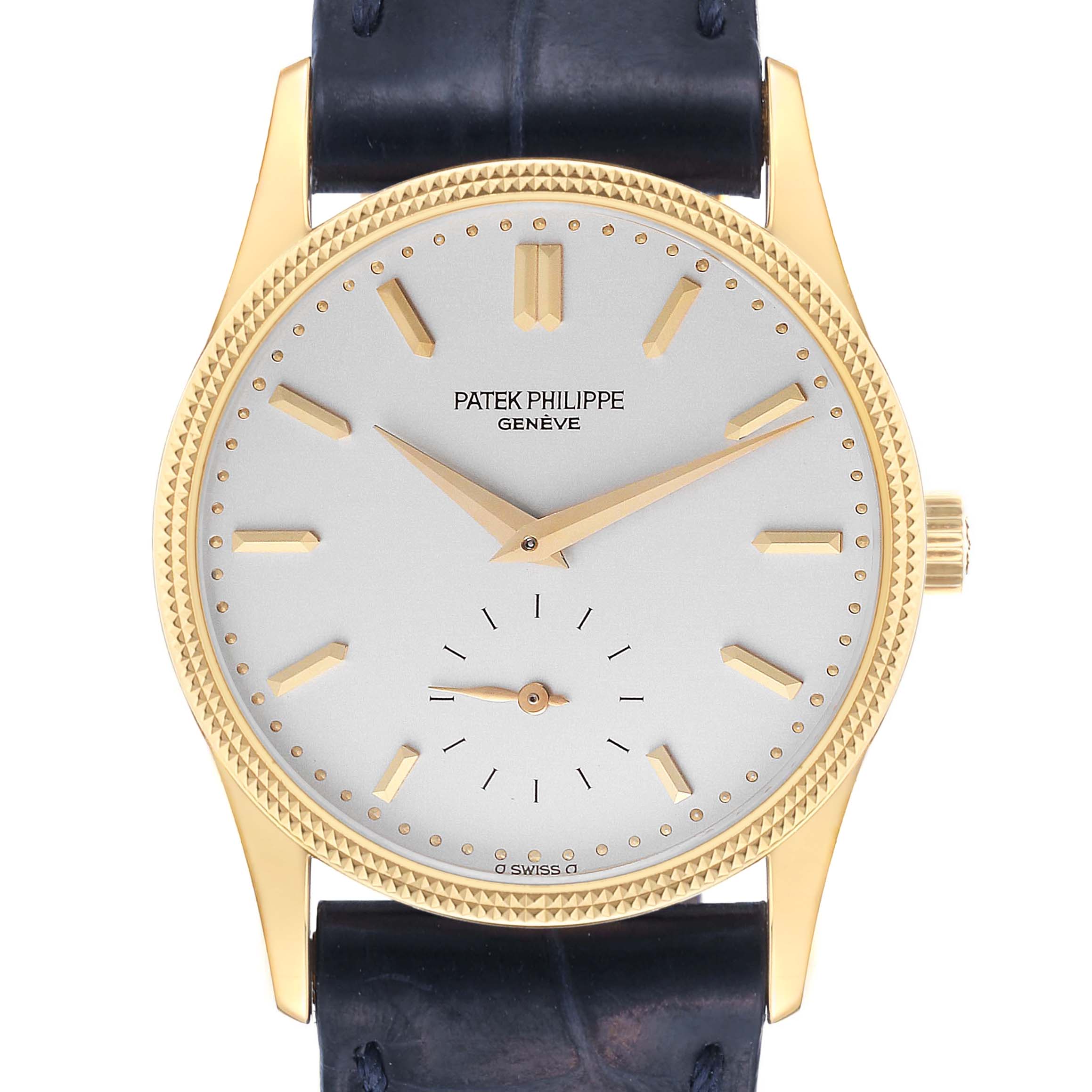 The image shows a frontal view of a Patek Philippe Calatrava 3796 Men's Yellow Gold Silver Dial 3796 Men's Yellow Gold Silver Dial watch featuring its face, hands, and bezel.