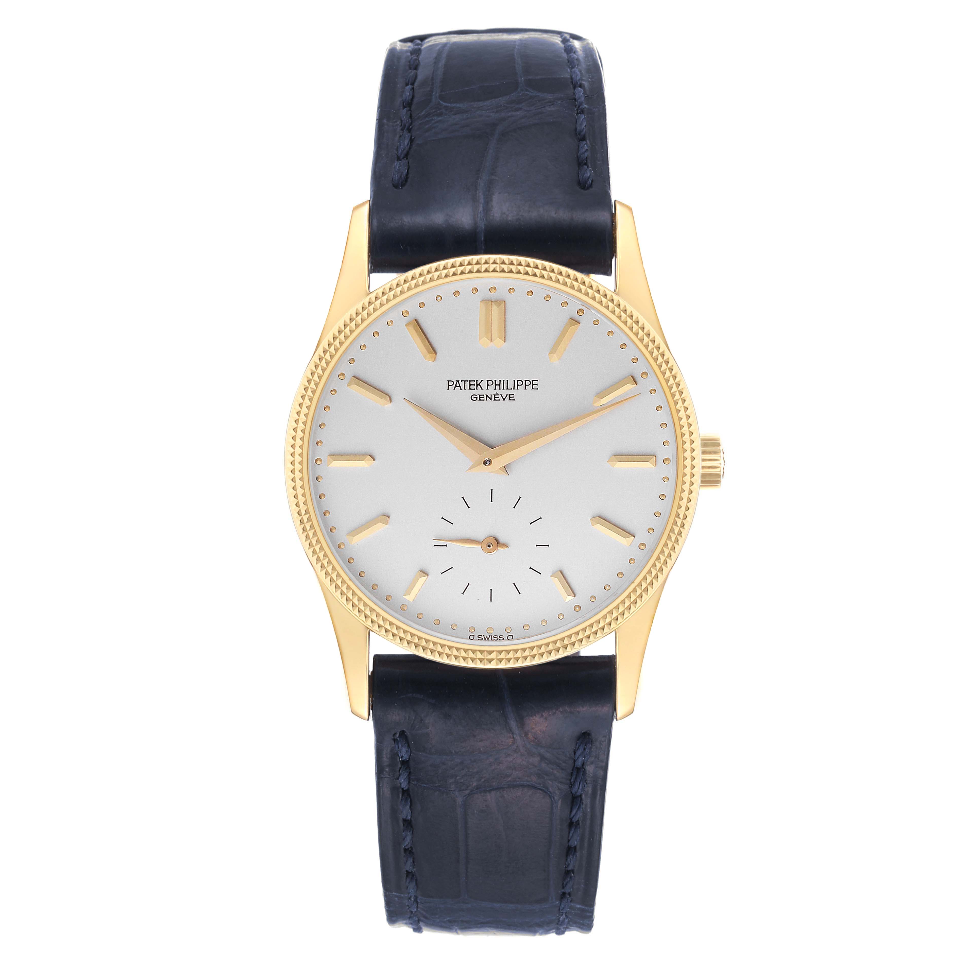 The image shows a front view of a Patek Philippe Calatrava 3796 Men's Yellow Gold Silver Dial 3796 Men's Yellow Gold Silver Dial watch with a gold case, white dial, and blue leather strap.