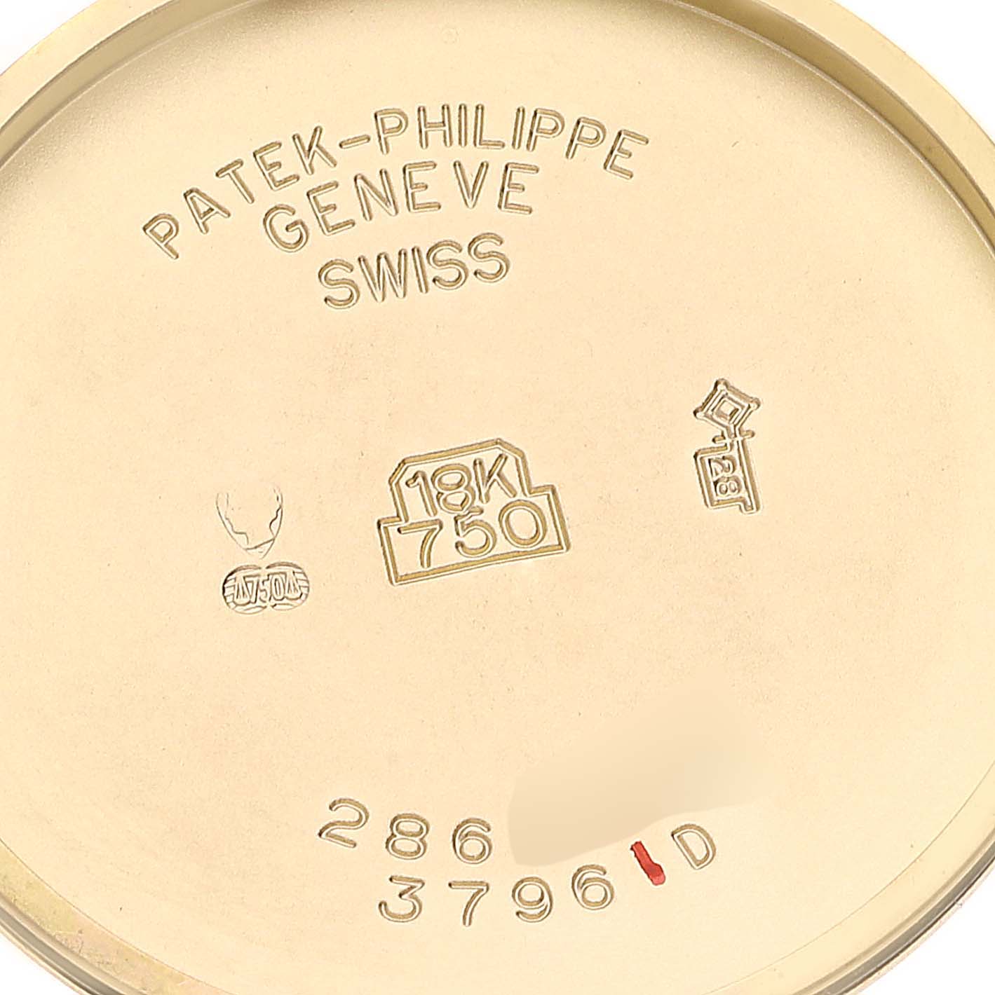 The image shows the inside case back of a Patek Philippe Calatrava 3796 Men's Yellow Gold Silver Dial 3796 Men's Yellow Gold Silver Dial watch with various inscriptions and hallmarks.