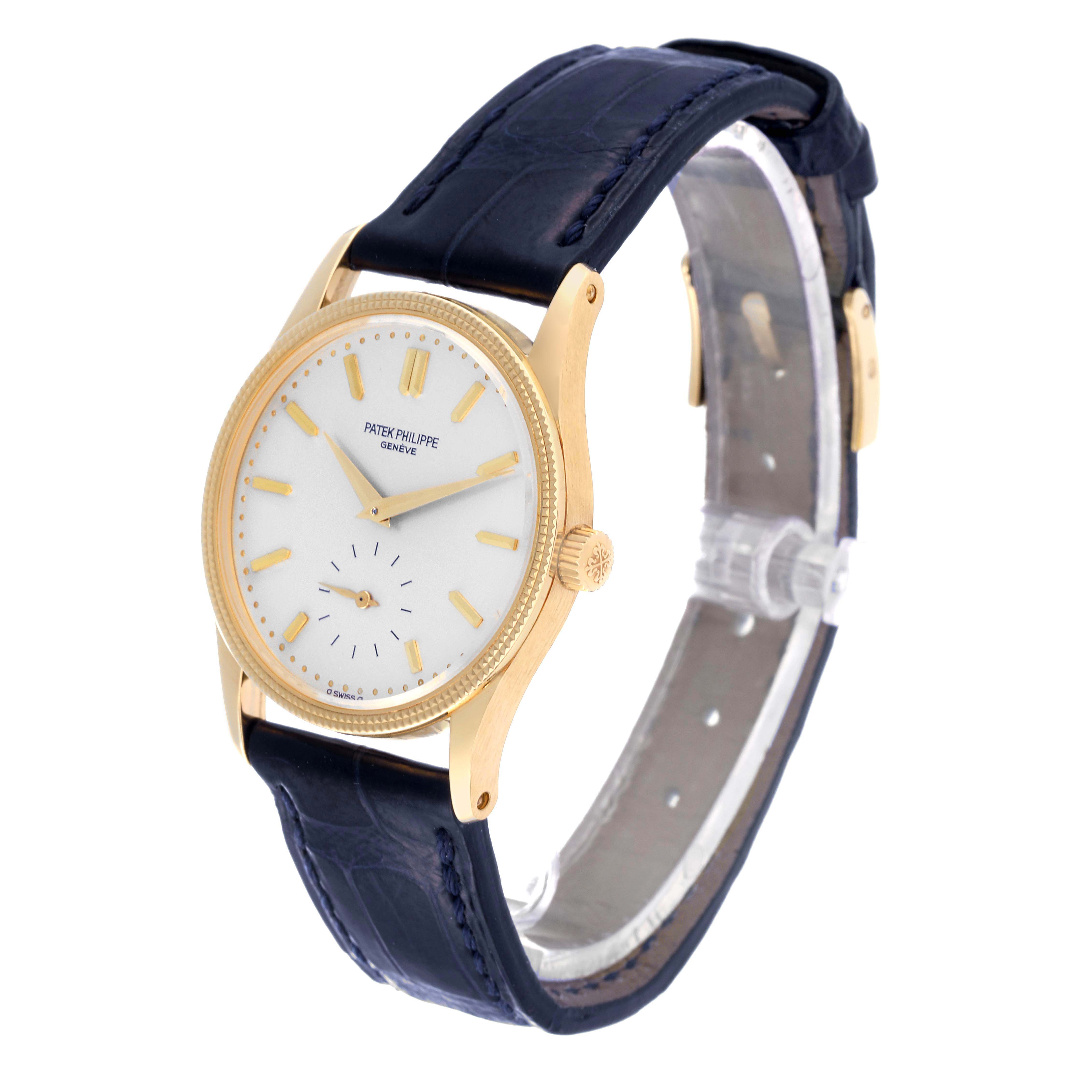 The image shows a Patek Philippe Calatrava 3796 Men's Yellow Gold Silver Dial 3796 Men's Yellow Gold Silver Dial watch at a front angle, highlighting its face, hands, and leather strap.