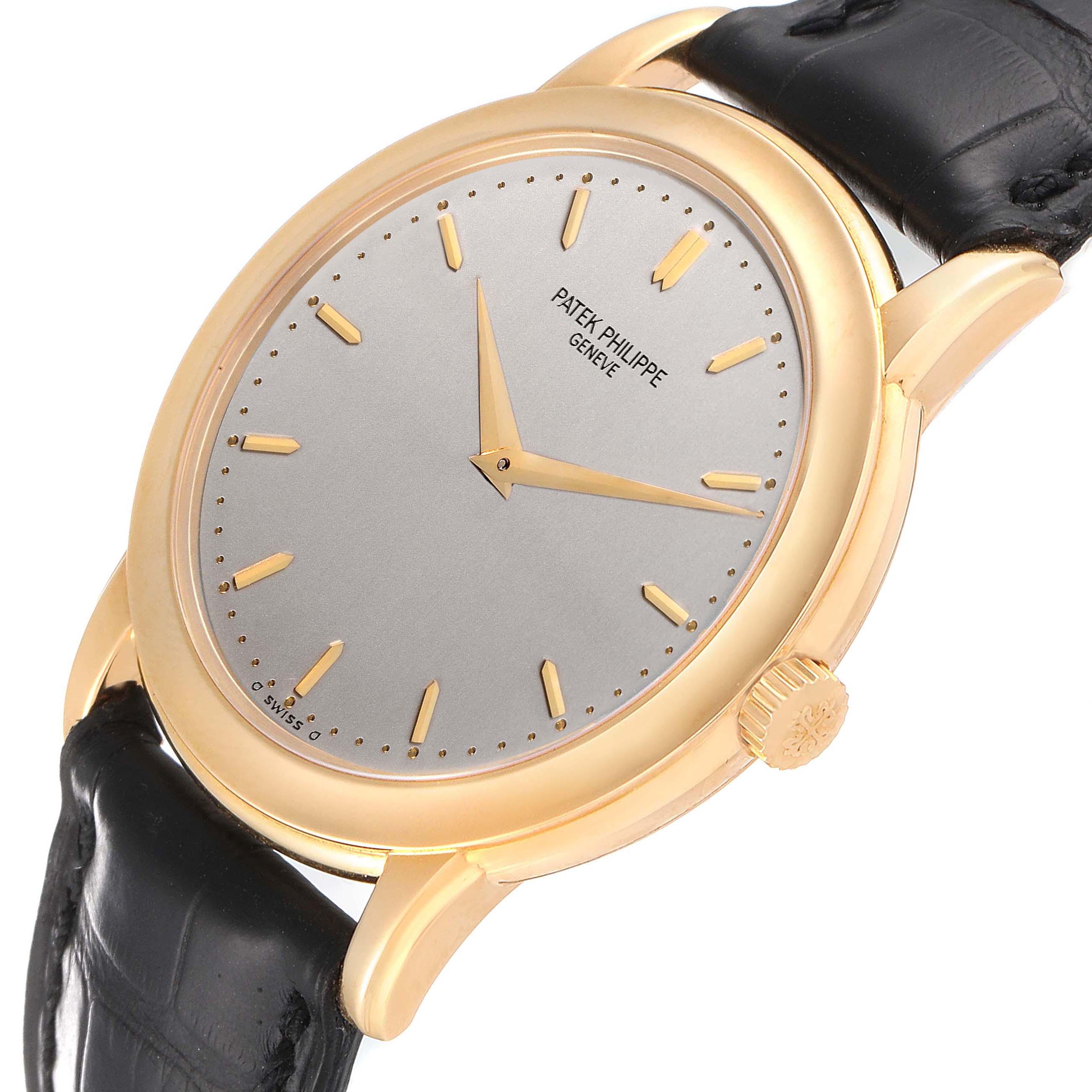 The image shows a side angle of a Patek Philippe Calatrava 5032J Men's Yellow Gold Silver Dial 5032J Men's Yellow Gold Silver Dial watch, highlighting its gold case, crown, dial, and part of the leather strap.