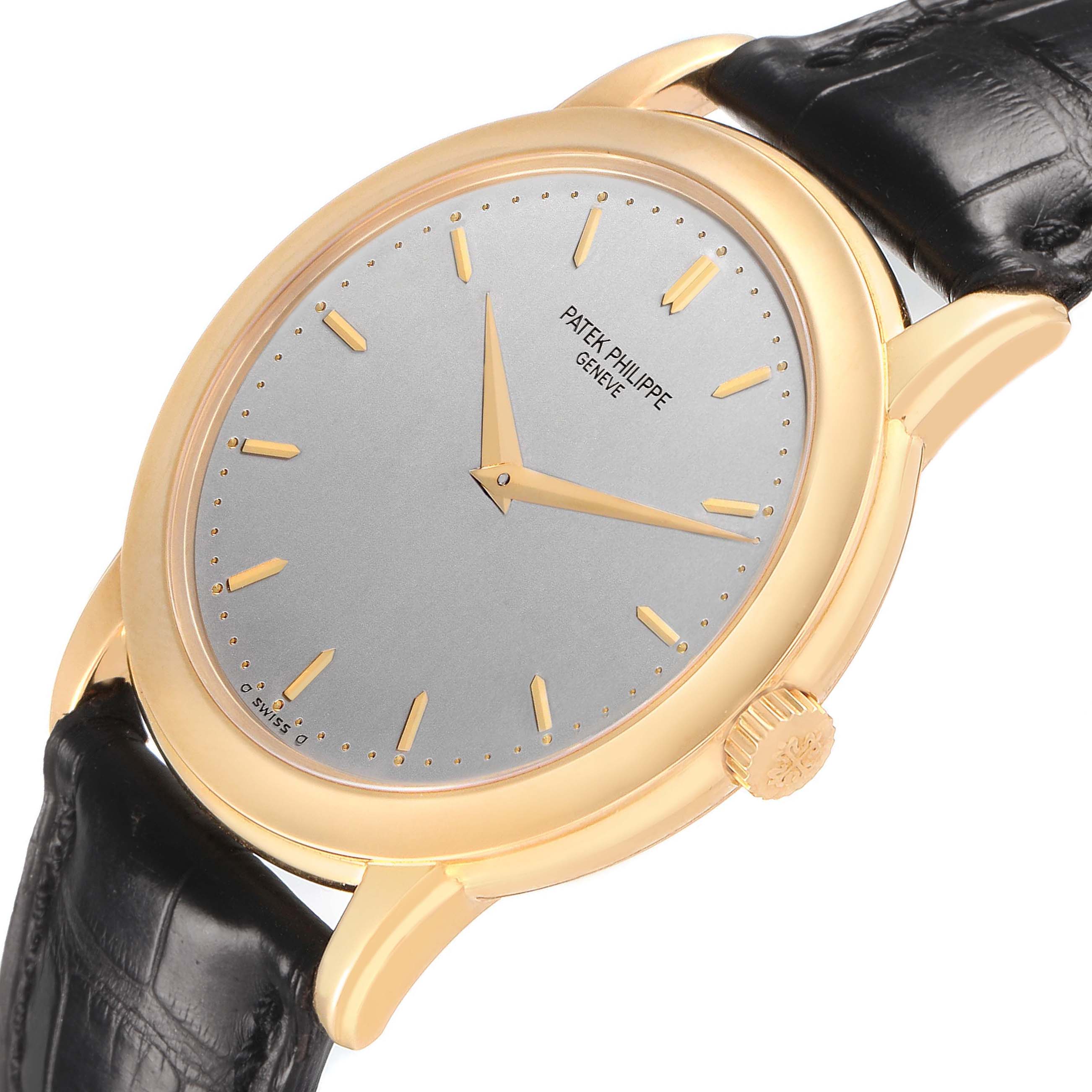 The Patek Philippe Calatrava 5032J Men's Yellow Gold Silver Dial watch is shown at an angled side view, highlighting the dial, crown, and strap.