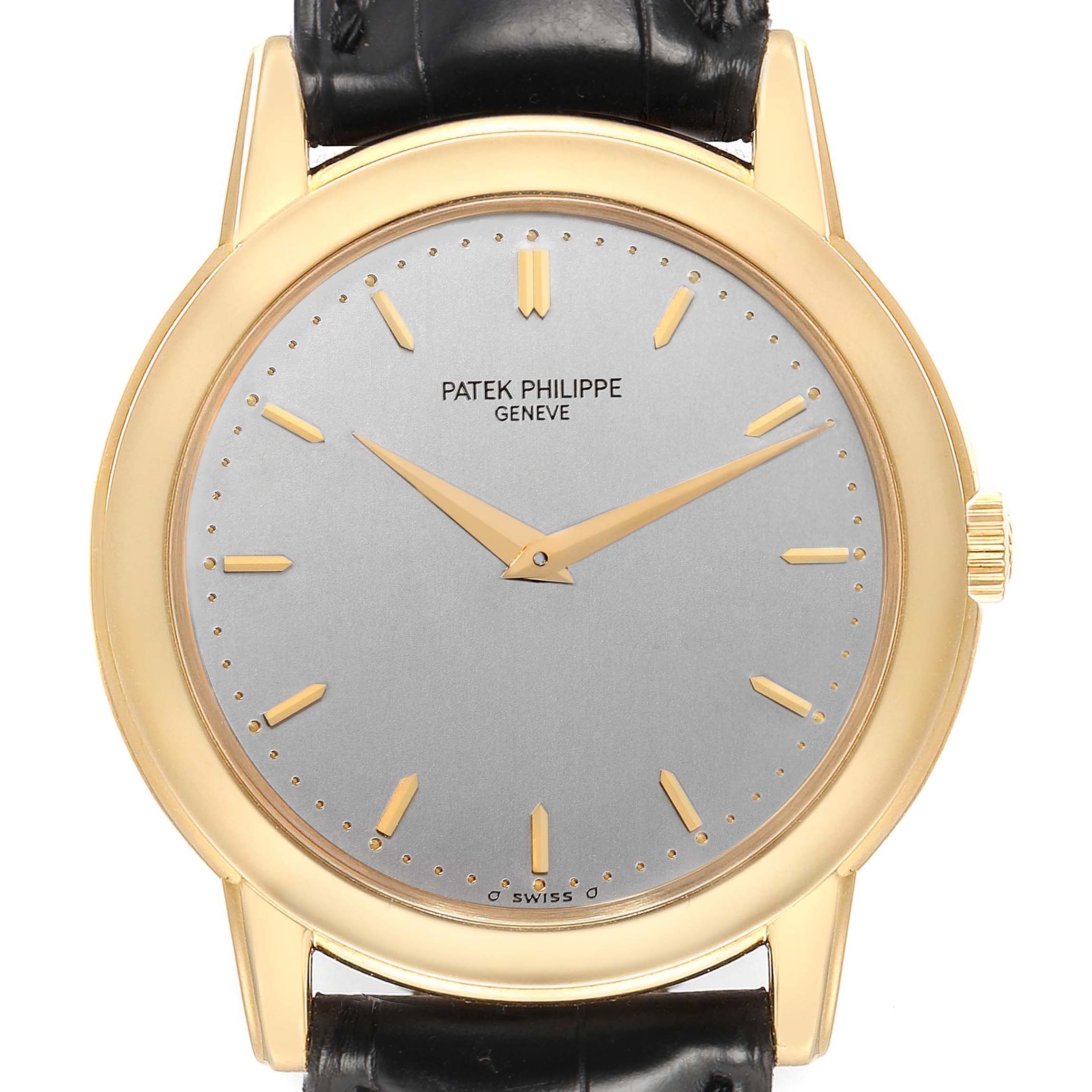The Patek Philippe Calatrava 5032J Men's Yellow Gold Silver Dial watch is shown from a front angle, highlighting its gold case, silver dial, and black leather strap.
