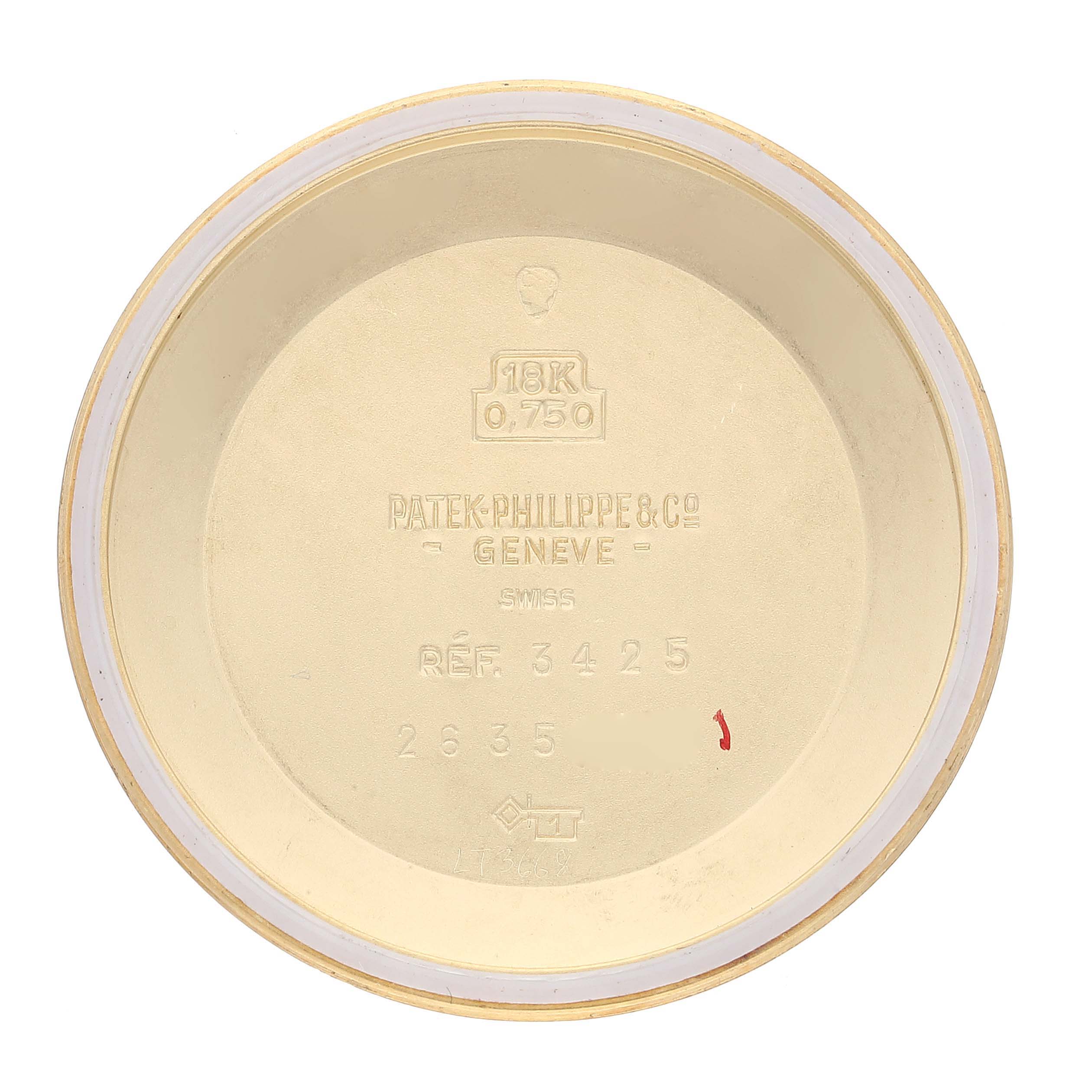 The image shows the case back of a Patek Philippe Calatrava 3425 Men's Yellow Gold Silver Dial 3425 Men's Yellow Gold Silver Dial model, displaying its interior inscriptions and markings.