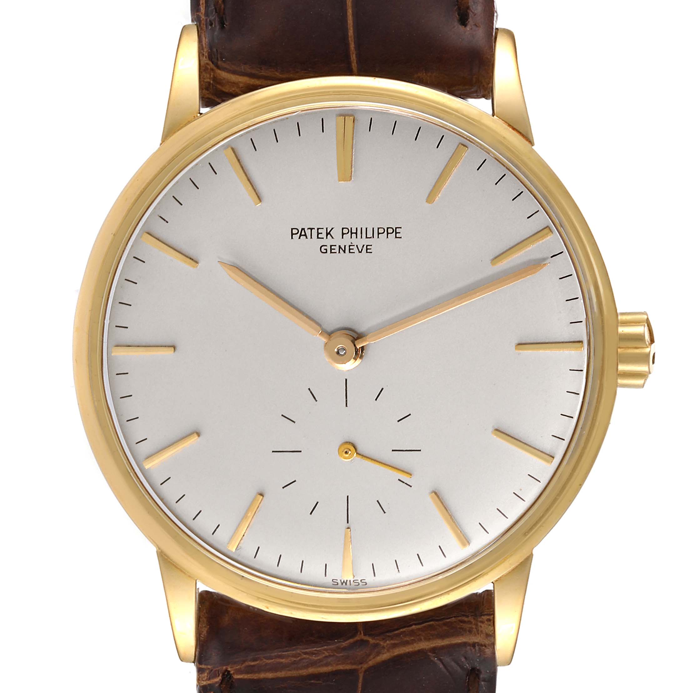 The image shows a front view of a Patek Philippe Calatrava 3425 Men's Yellow Gold Silver Dial 3425 Men's Yellow Gold Silver Dial watch, showcasing its dial, hands, markers, and leather strap.