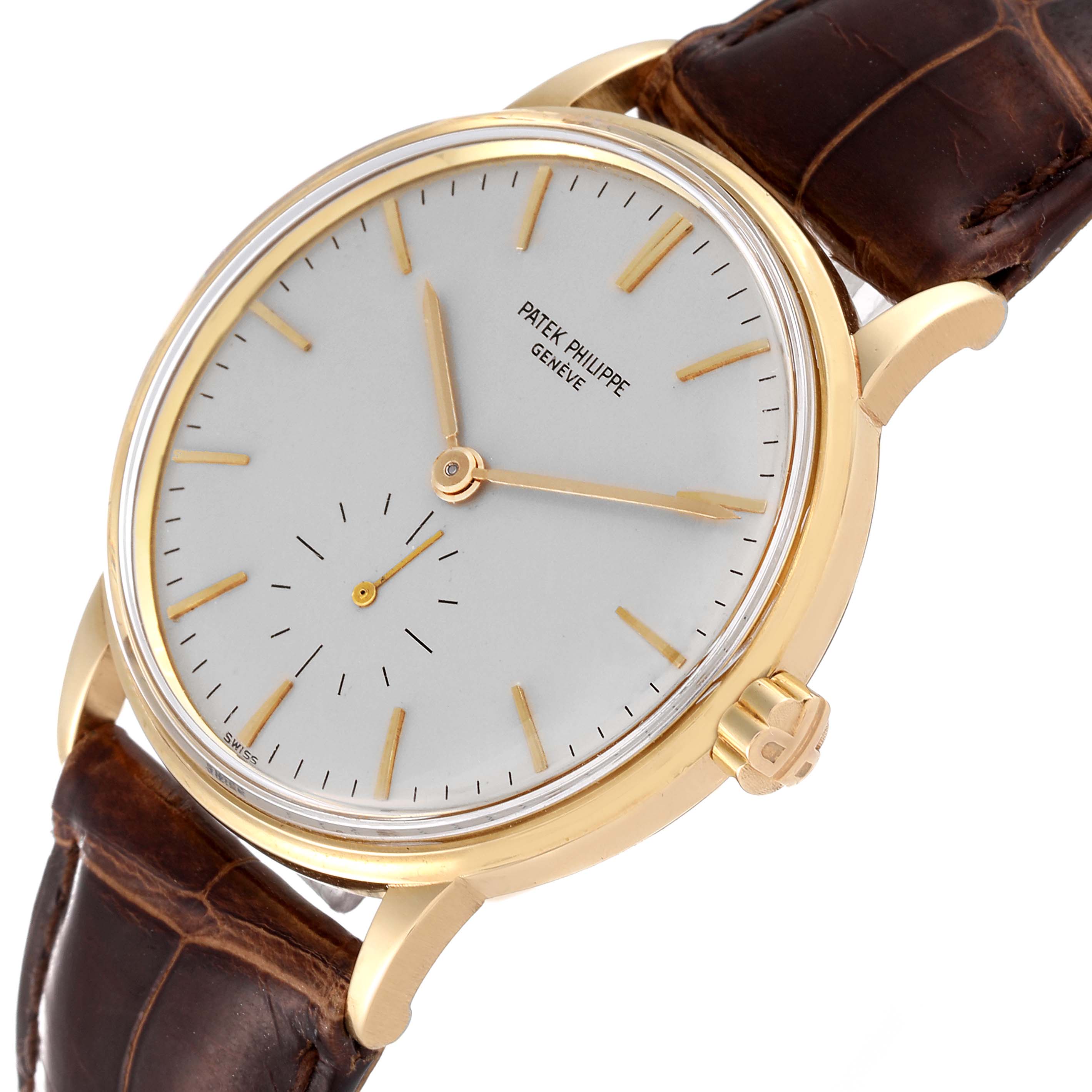 The image shows a Patek Philippe Calatrava 3425 Men's Yellow Gold Silver Dial 3425 Men's Yellow Gold Silver Dial watch at a slight angle, displaying its dial, hands, crown, and leather strap.