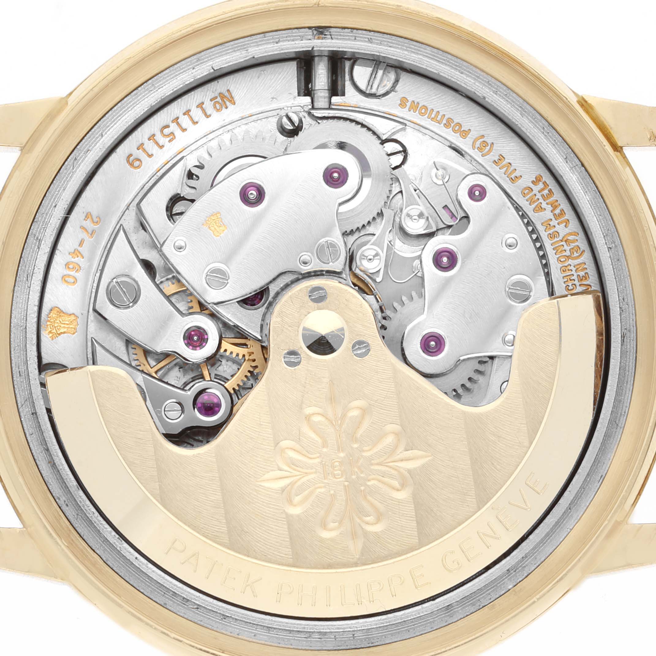 This image shows the movement and mechanism of a Patek Philippe Calatrava 3425 Men's Yellow Gold Silver Dial 3425 Men's Yellow Gold Silver Dial watch from the back.
