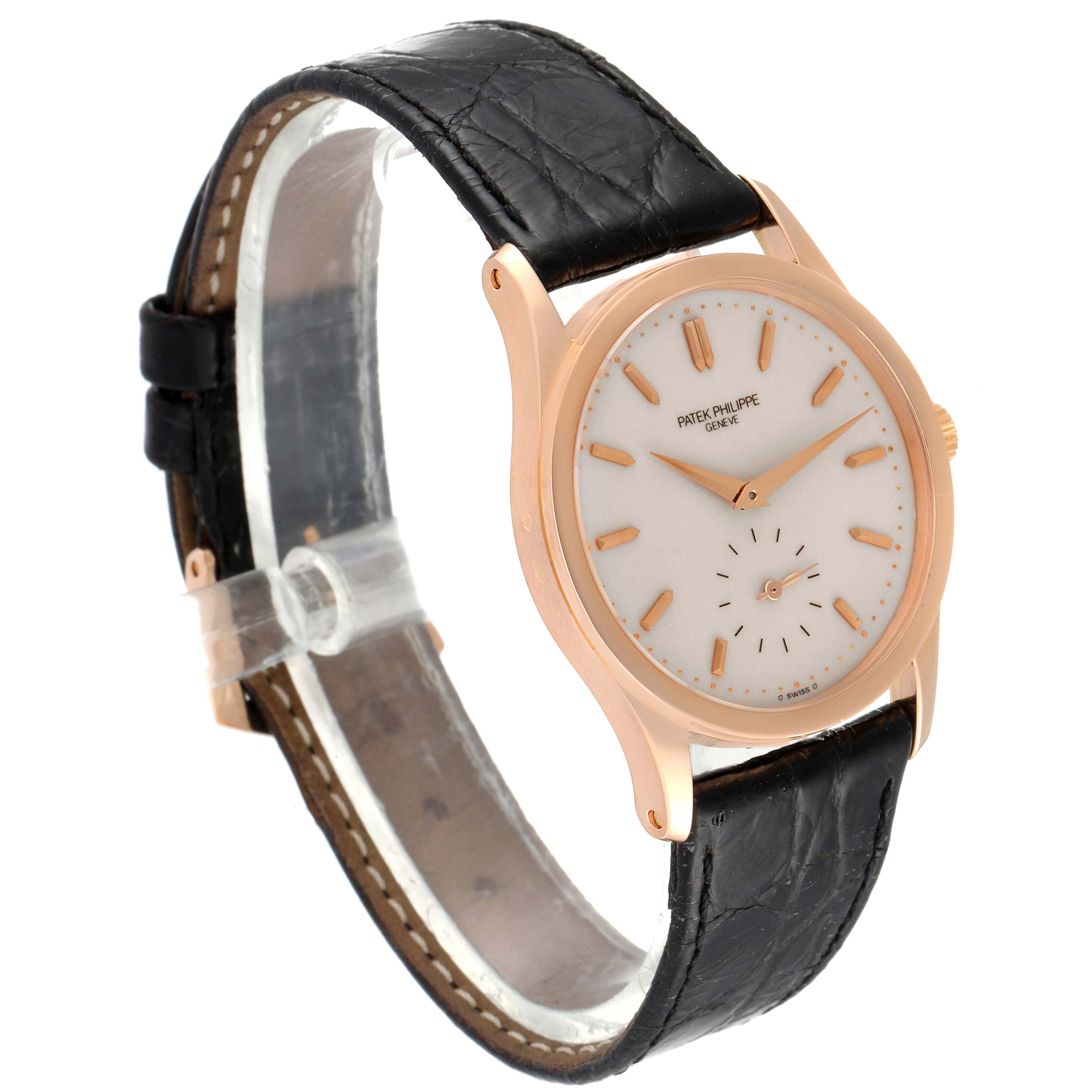 The Patek Philippe Calatrava 3796R Men's Rose Gold Silver Dial 3796R Men's Rose Gold Silver Dial watch is shown at a slight angle, highlighting the face, black leather strap, and rose gold case.