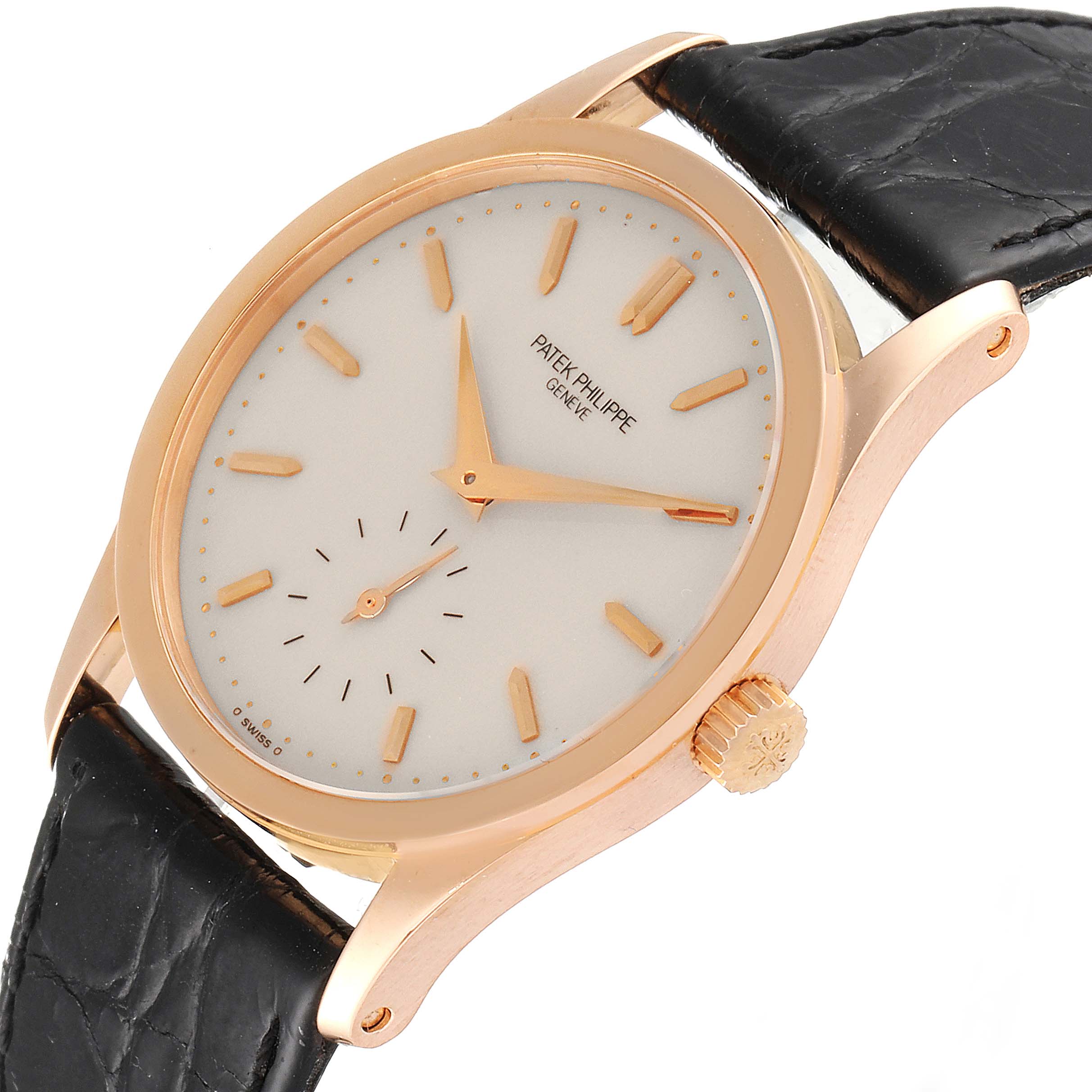 The image shows a Patek Philippe Calatrava 3796R Men's Rose Gold Silver Dial 3796R Men's Rose Gold Silver Dial watch angled slightly from the right, highlighting the dial, crown, and leather strap.