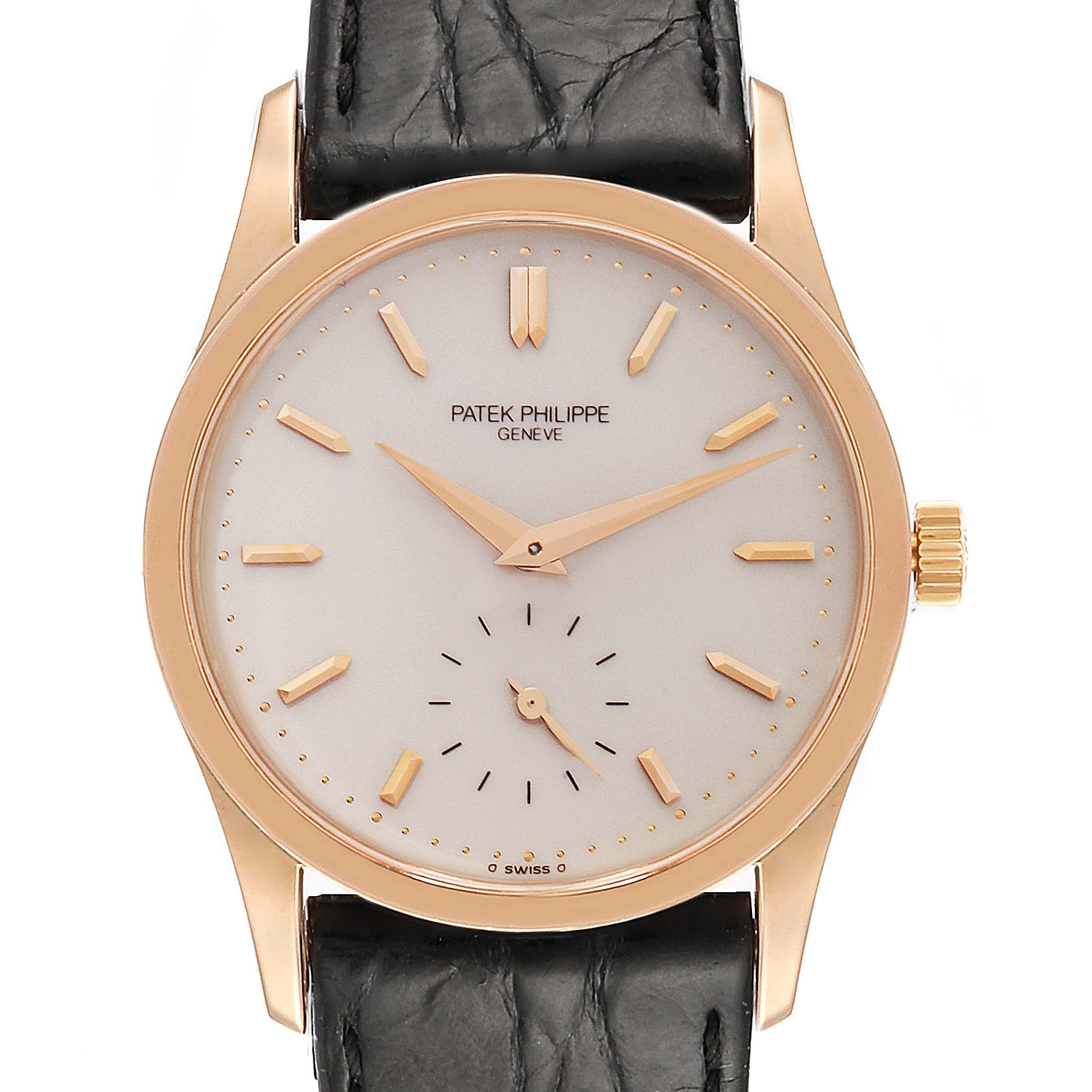 This image shows a front view of a Patek Philippe Calatrava 3796R Men's Rose Gold Silver Dial 3796R Men's Rose Gold Silver Dial watch with a gold case and black leather strap.