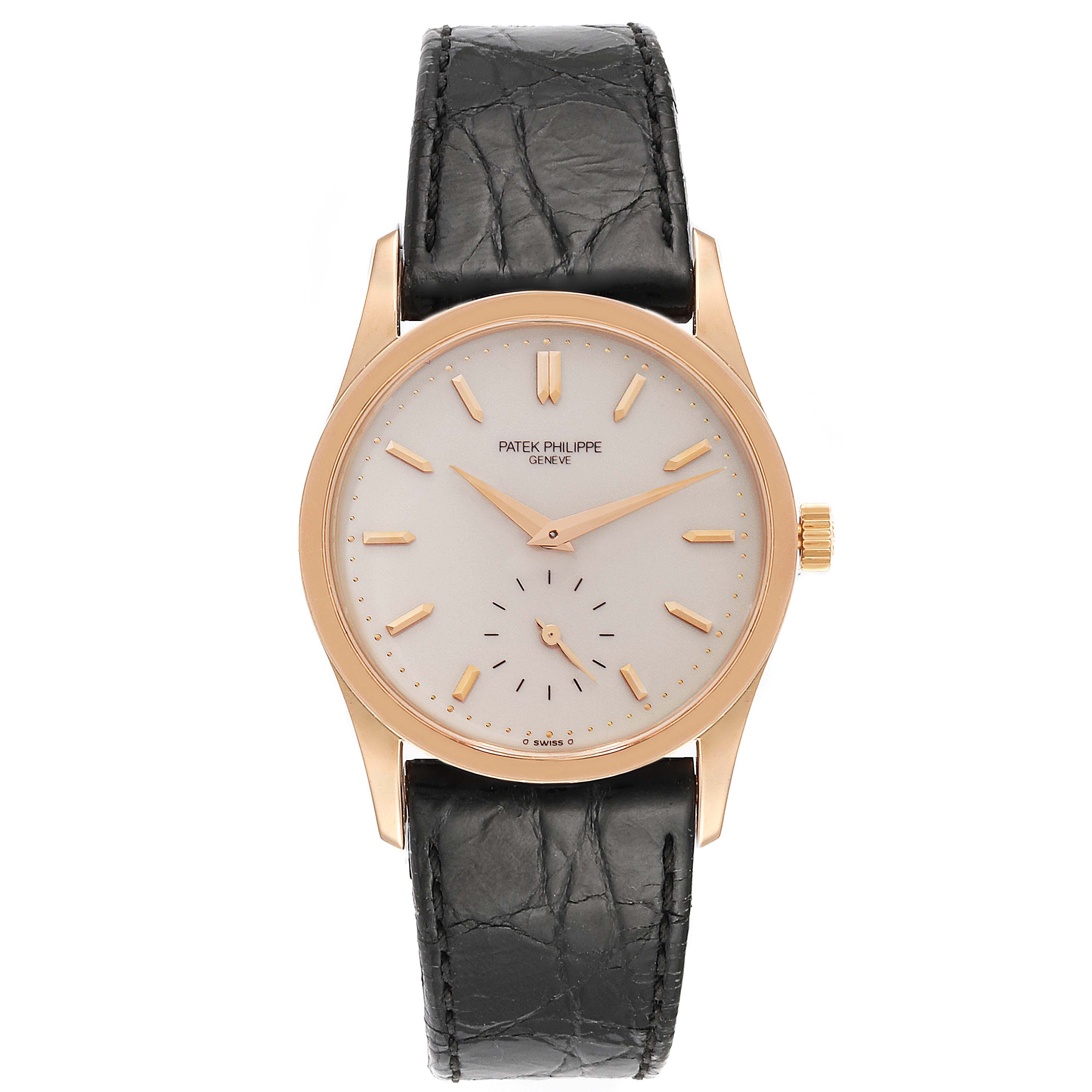 The image shows a front view of a Patek Philippe Calatrava 3796R Men's Rose Gold Silver Dial 3796R Men's Rose Gold Silver Dial watch, featuring a gold case and black leather strap.