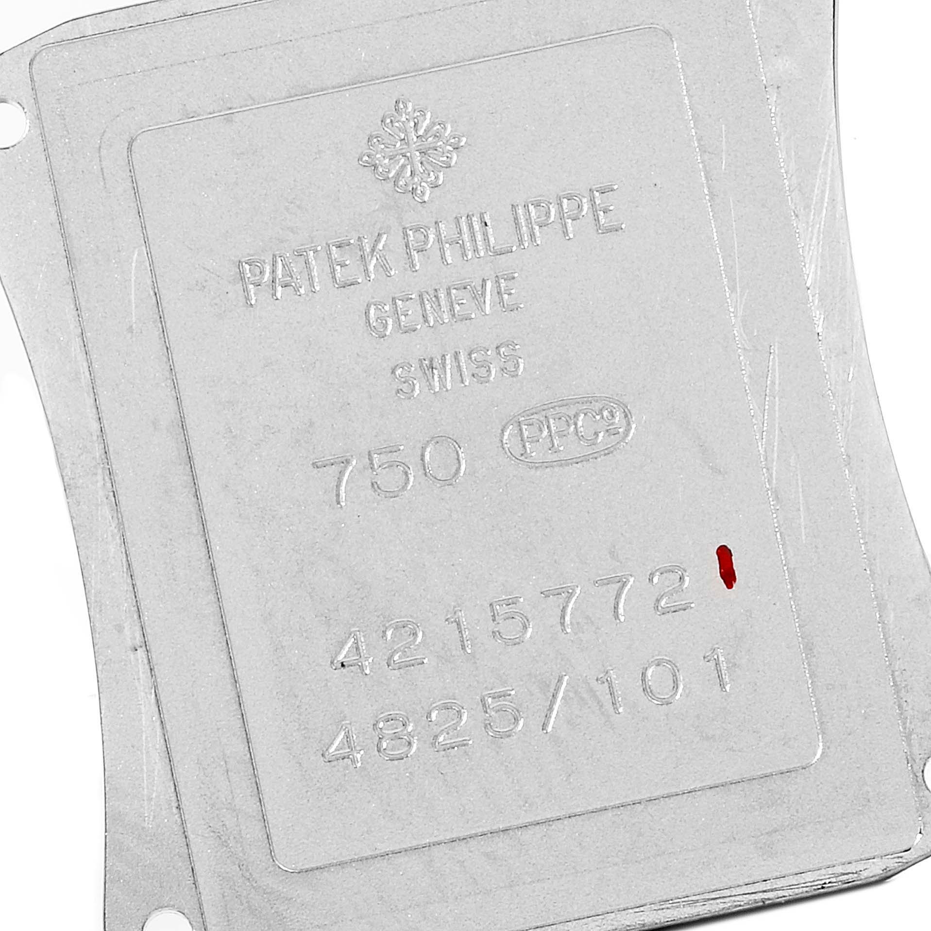 This image shows the back case of a Patek Philippe Gondolo 4825G/101 Women's White Gold White Dial 4825G/101 Women's White Gold White Dial watch.