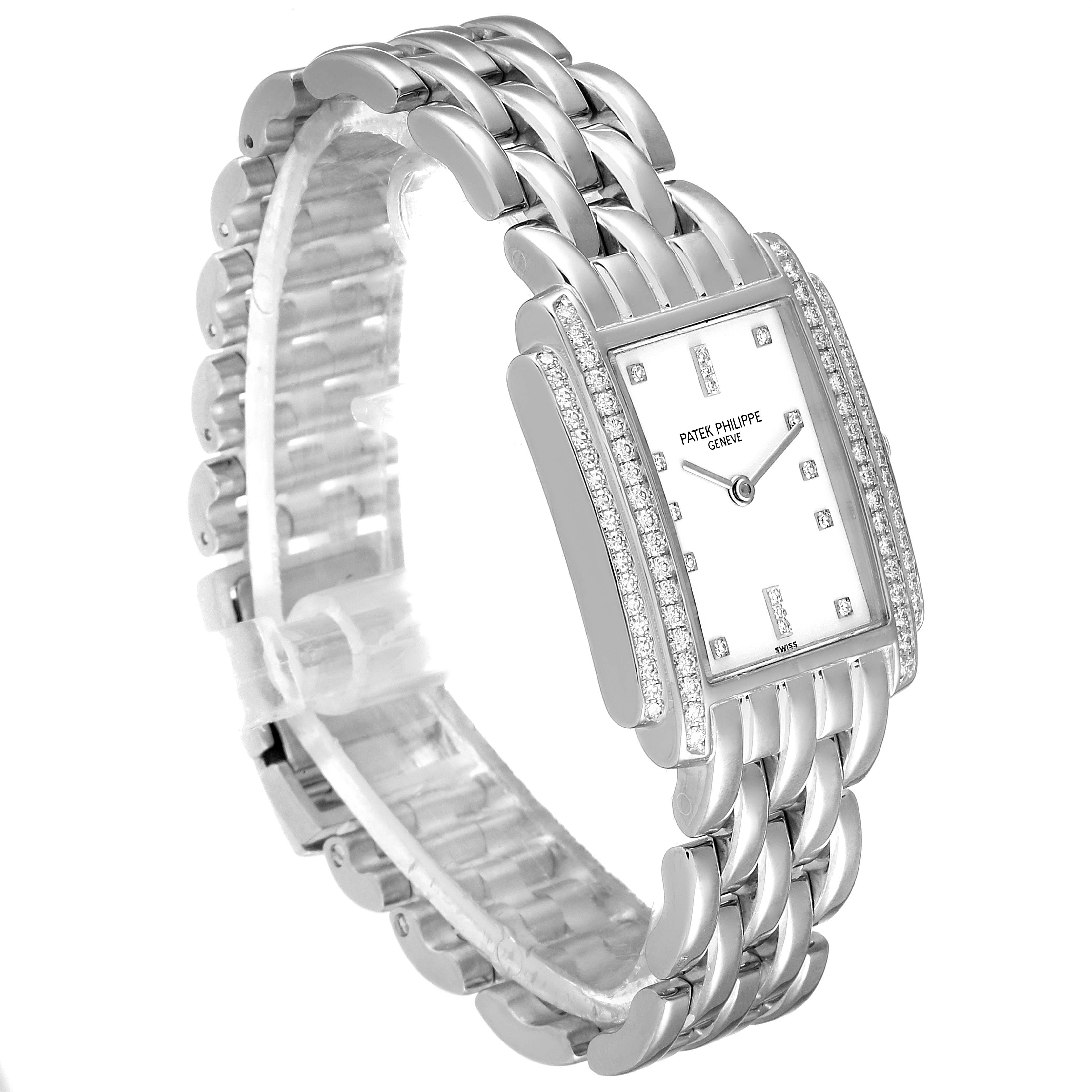 The image shows a Patek Philippe Gondolo 4825G/101 Women's White Gold White Dial 4825G/101 Women's White Gold White Dial watch at a slight angle, highlighting its rectangular face, diamond detailing, and metal bracelet.