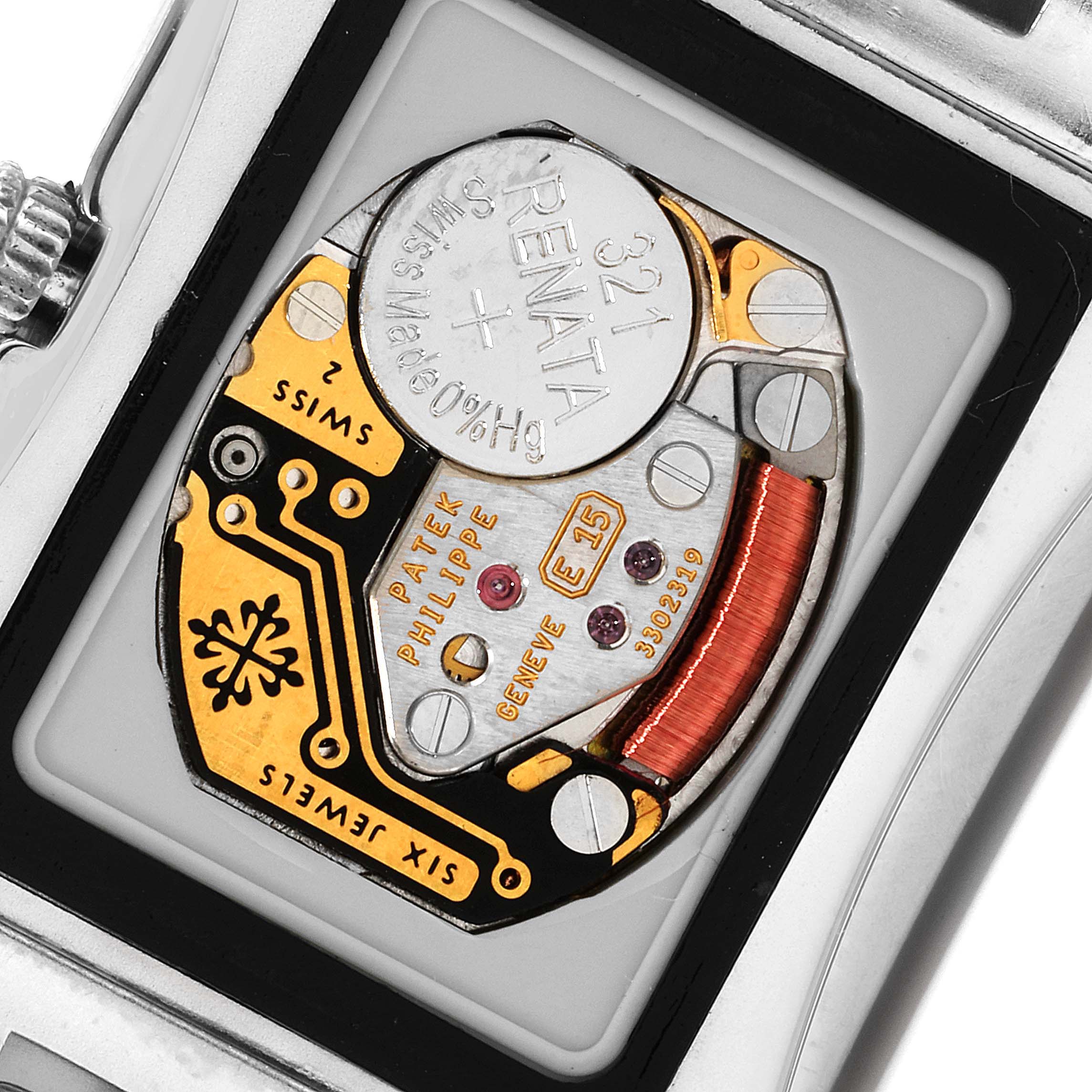 The image shows the back view of the Patek Philippe Gondolo 4825G/101 Women's White Gold White Dial 4825G/101 Women's White Gold White Dial watch, highlighting its movement and internal components.