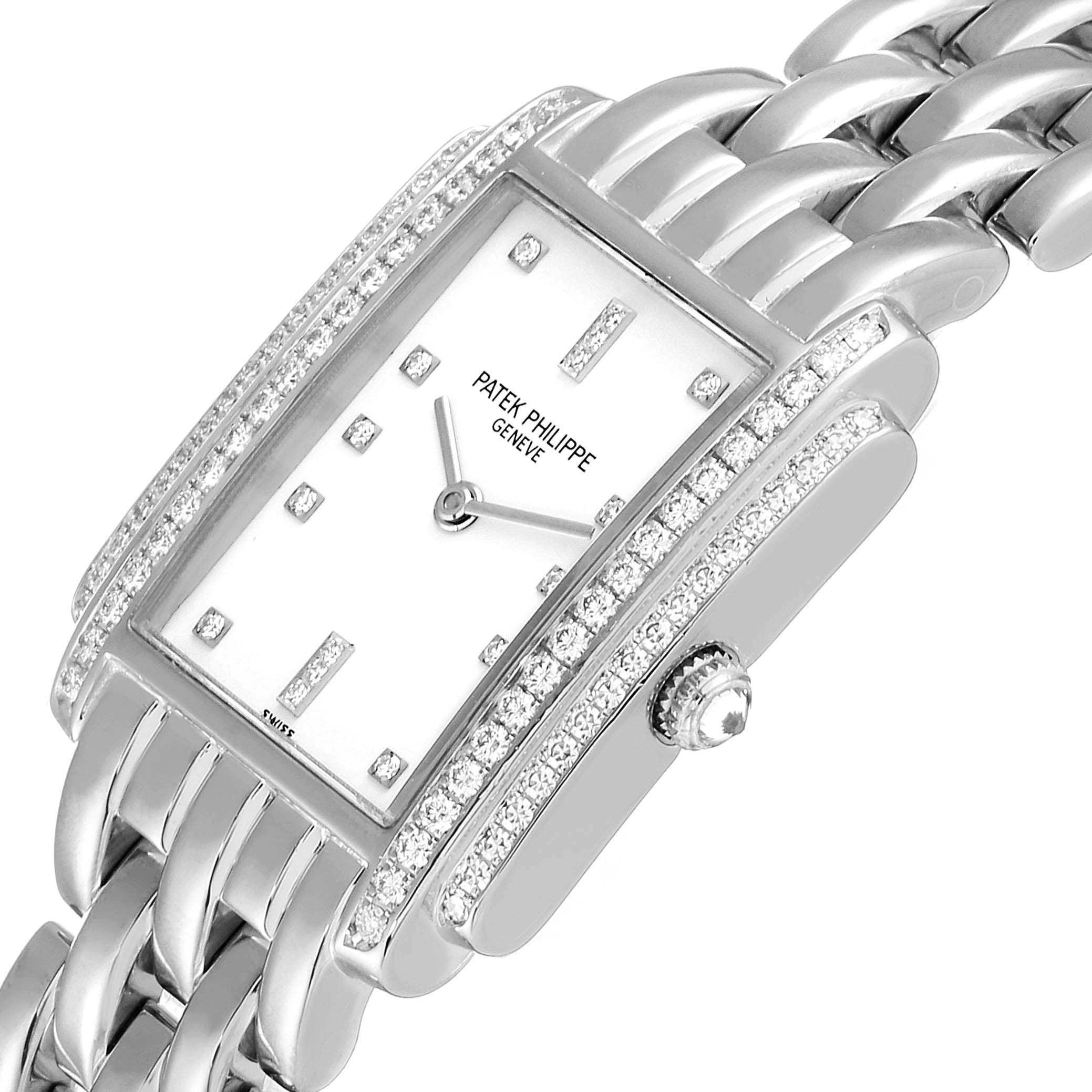 The image shows a Patek Philippe Gondolo 4825G/101 Women's White Gold White Dial 4825G/101 Women's White Gold White Dial watch at an angled side view, highlighting its face, crown, and diamond-studded bezel.