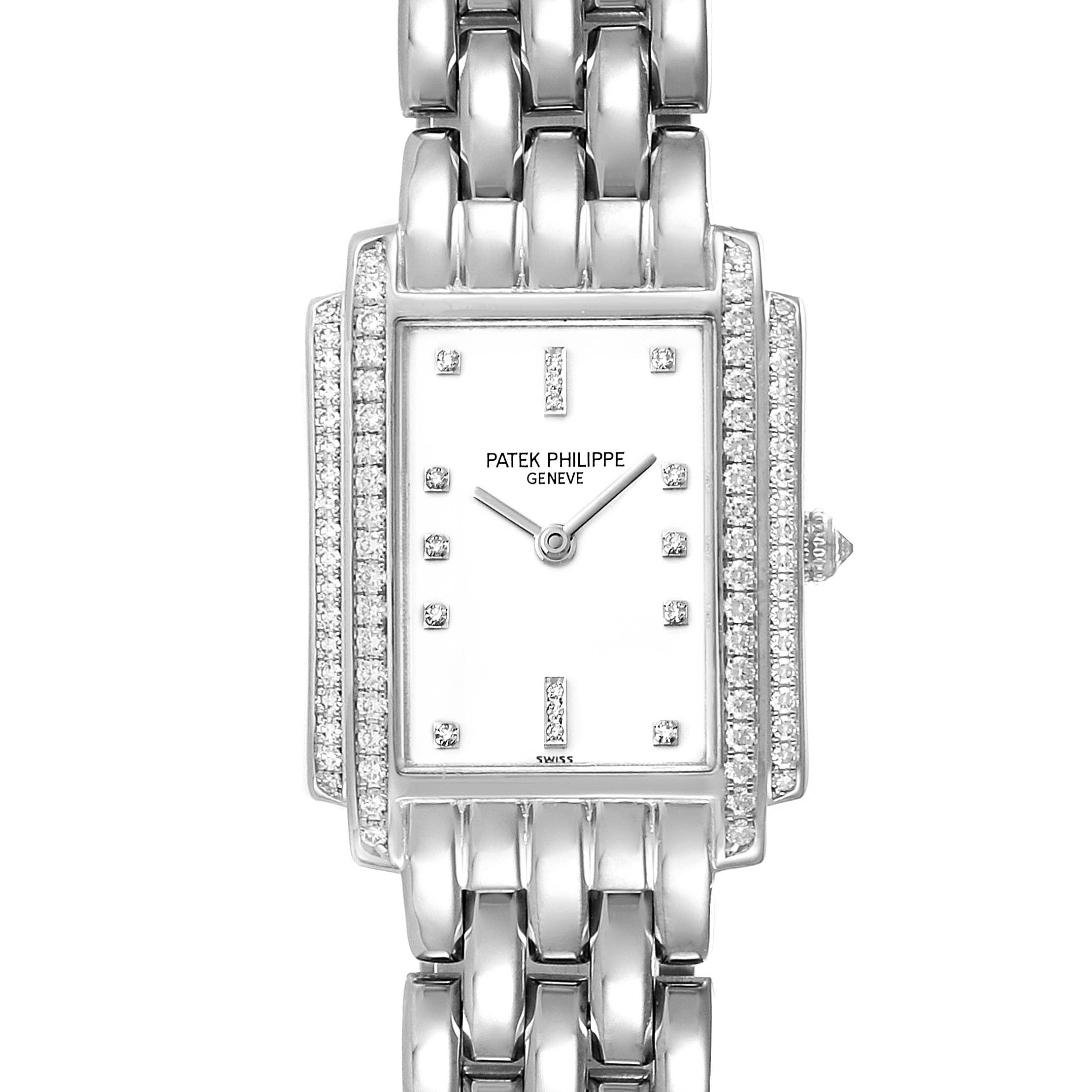 This image shows a front view of a Patek Philippe Gondolo 4825G/101 Women's White Gold White Dial 4825G/101 Women's White Gold White Dial watch, including its rectangular face, diamond markers, and metal bracelet.