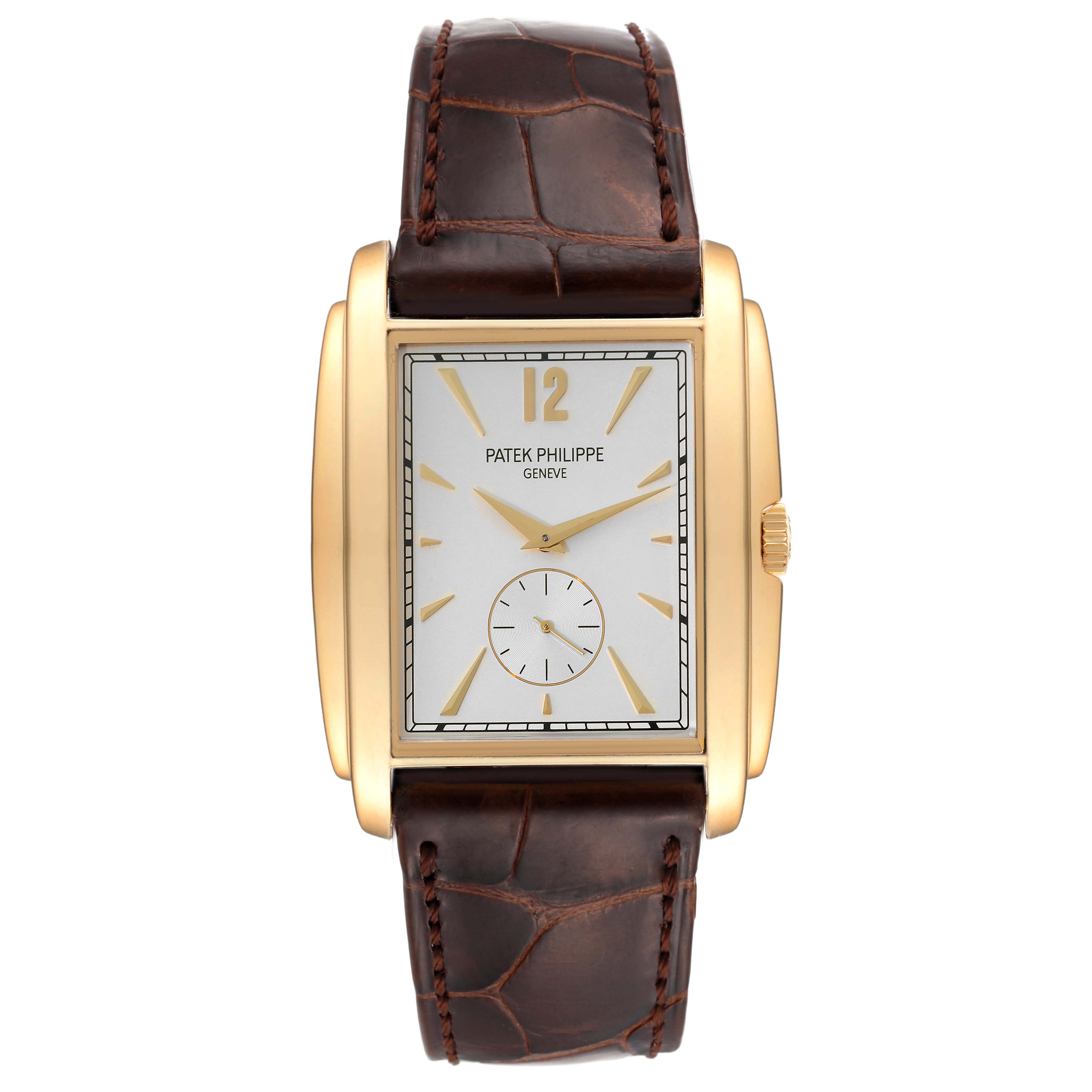The image shows a front view of a Patek Philippe Gondolo 5124J Men's Yellow Gold Silver Dial 5124J Men's Yellow Gold Silver Dial watch with a gold rectangular case and brown leather strap.