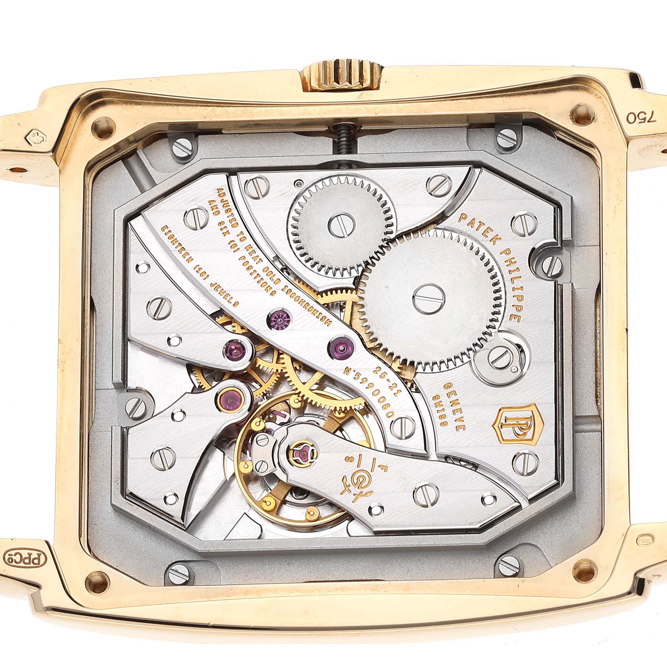 The image shows the inner mechanism of a Patek Philippe Gondolo 5124J Men's Yellow Gold Silver Dial 5124J Men's Yellow Gold Silver Dial watch from the back, highlighting gears and intricate parts.