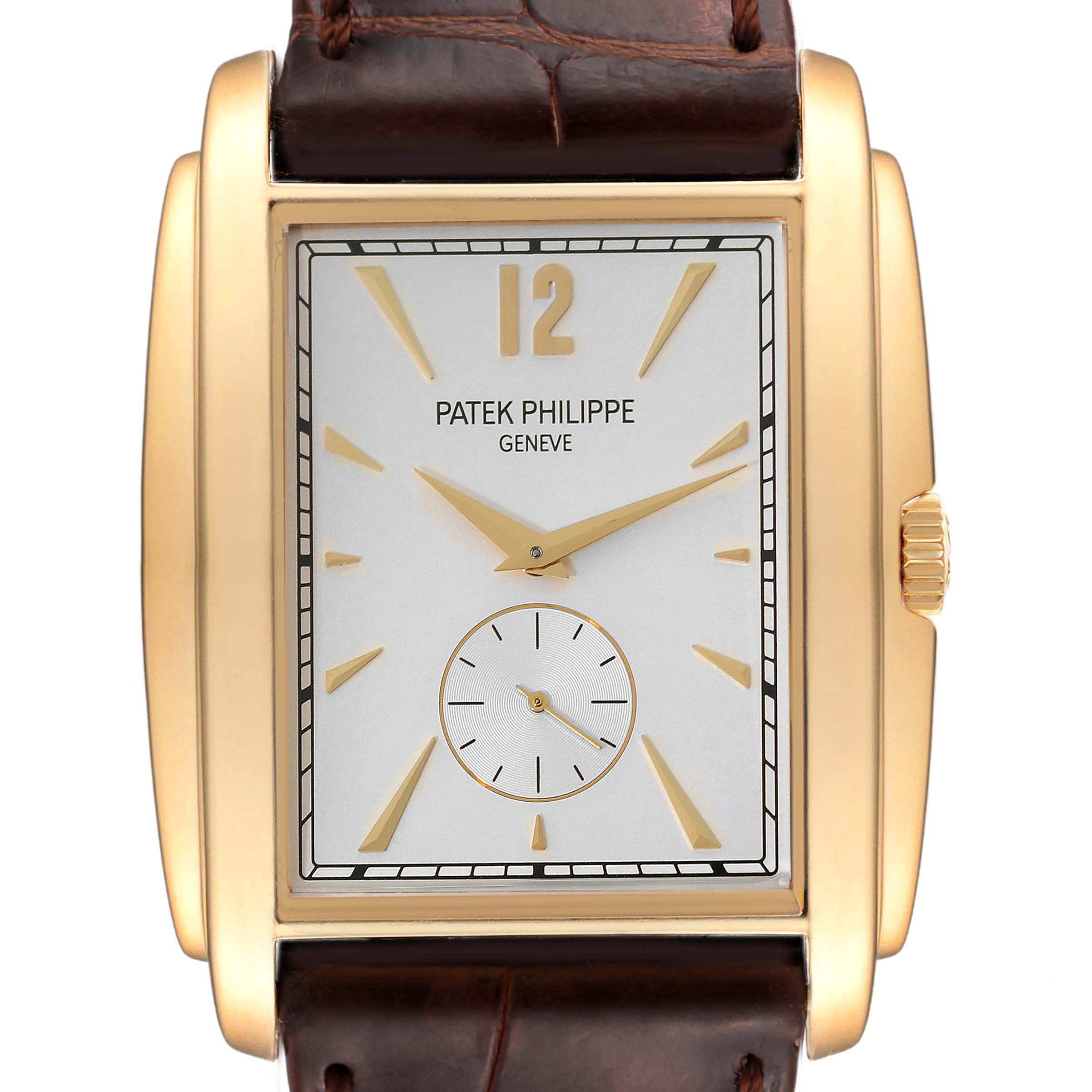 The image shows a frontal view of the Patek Philippe Gondolo 5124J Men's Yellow Gold Silver Dial 5124J Men's Yellow Gold Silver Dial watch, highlighting its rectangular dial and brown leather strap.