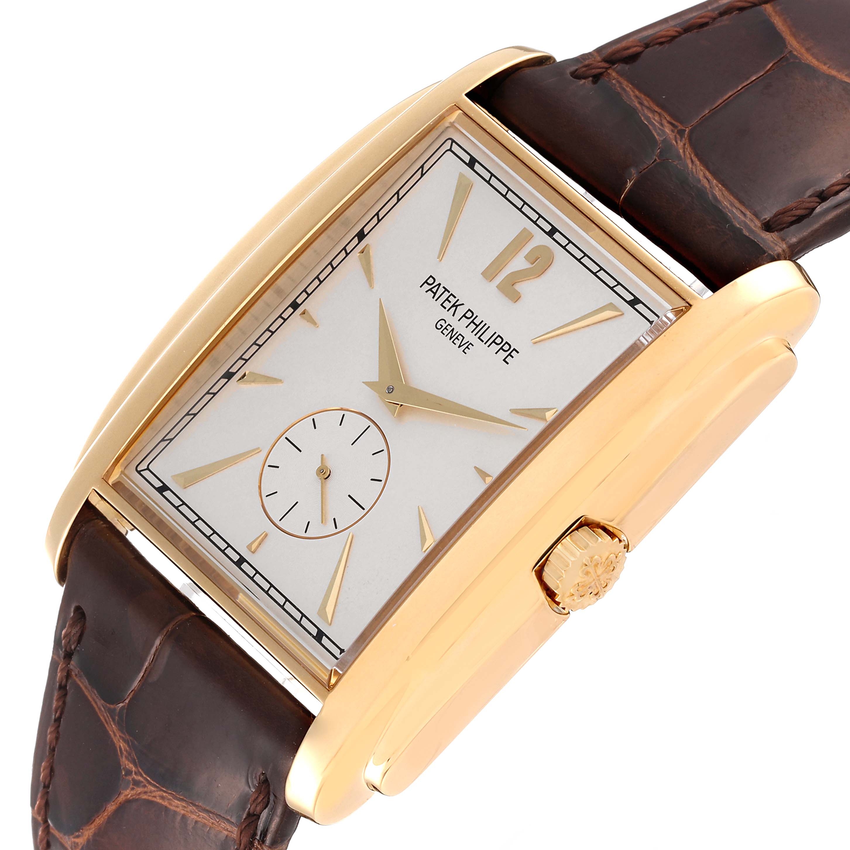 This image shows a close-up, angled view of the Patek Philippe Gondolo 5124J Men's Yellow Gold Silver Dial 5124J Men's Yellow Gold Silver Dial watch, highlighting its dial, crown, case, and brown leather strap.