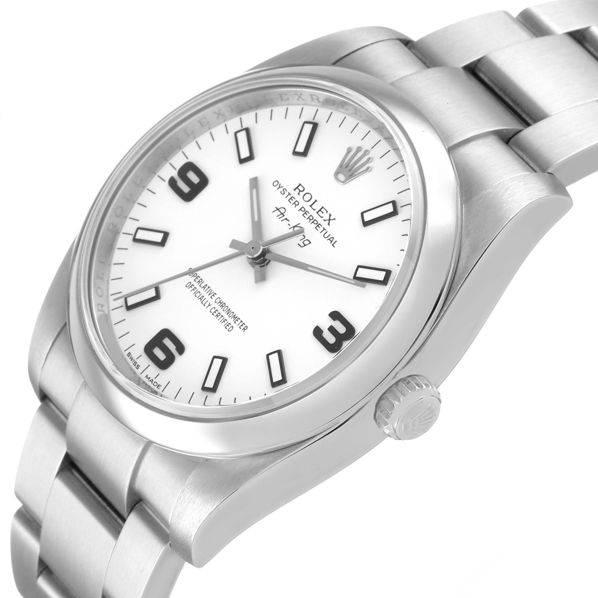 The Rolex Air-King 114200 Men's Stainless Steel White Dial watch is shown at a slight angle, highlighting the face, bezel, and bracelet with a prominent view of the crown.