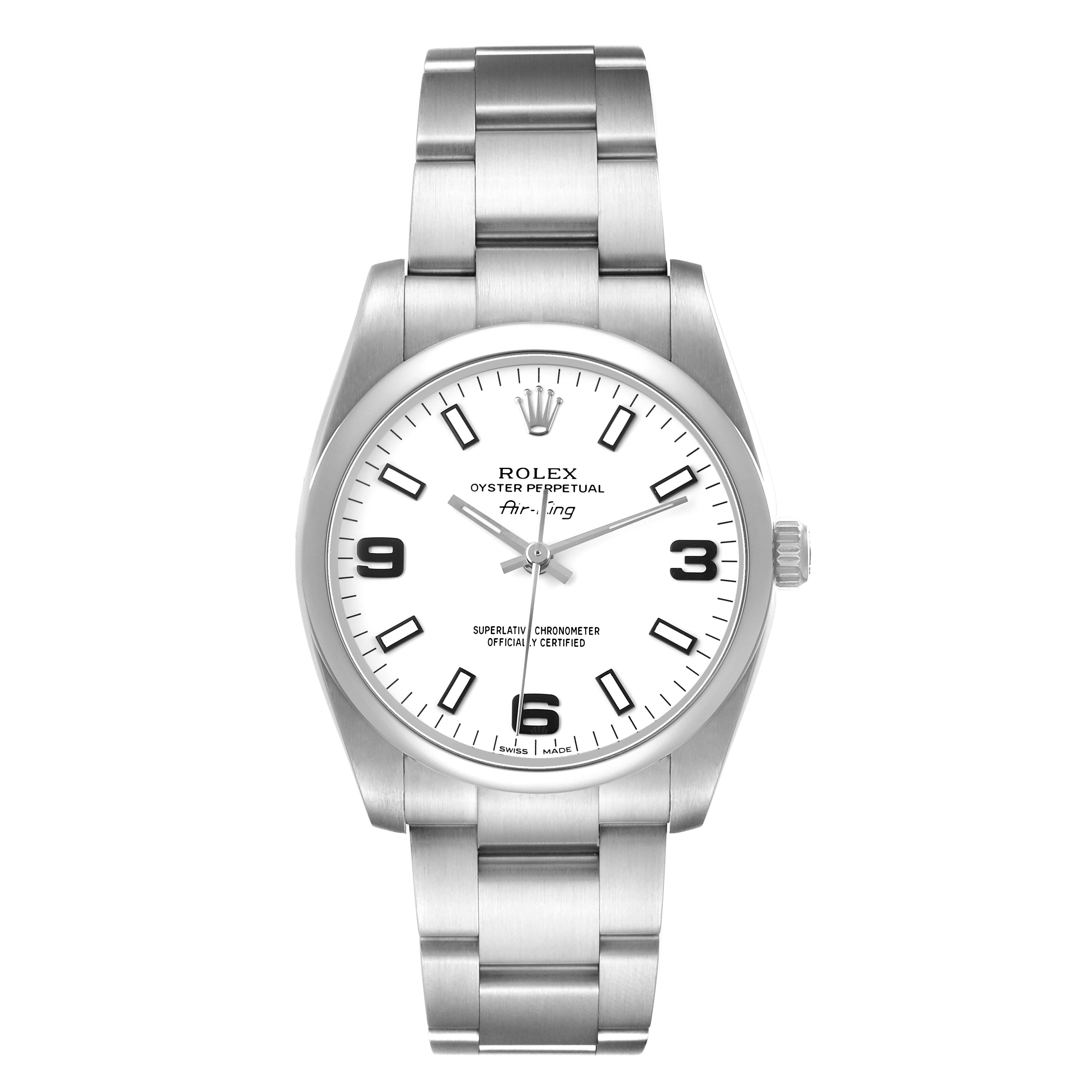 The Rolex Air-King 114200 Men's Stainless Steel White Dial watch is shown from a front angle, displaying the dial, bezel, and bracelet.