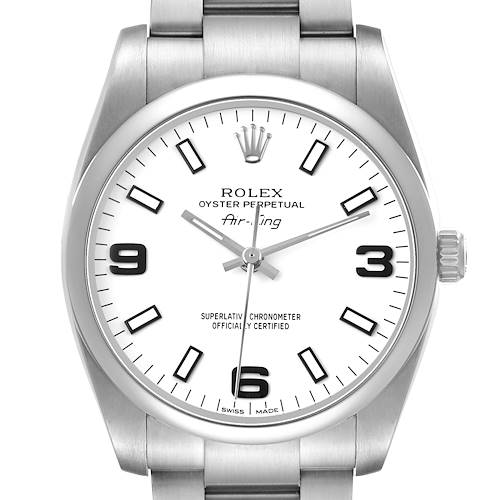The Rolex Air-King 114200 Men's Stainless Steel White Dial watch is shown from a top-down angle, highlighting the dial, hands, hour markers, and crown.