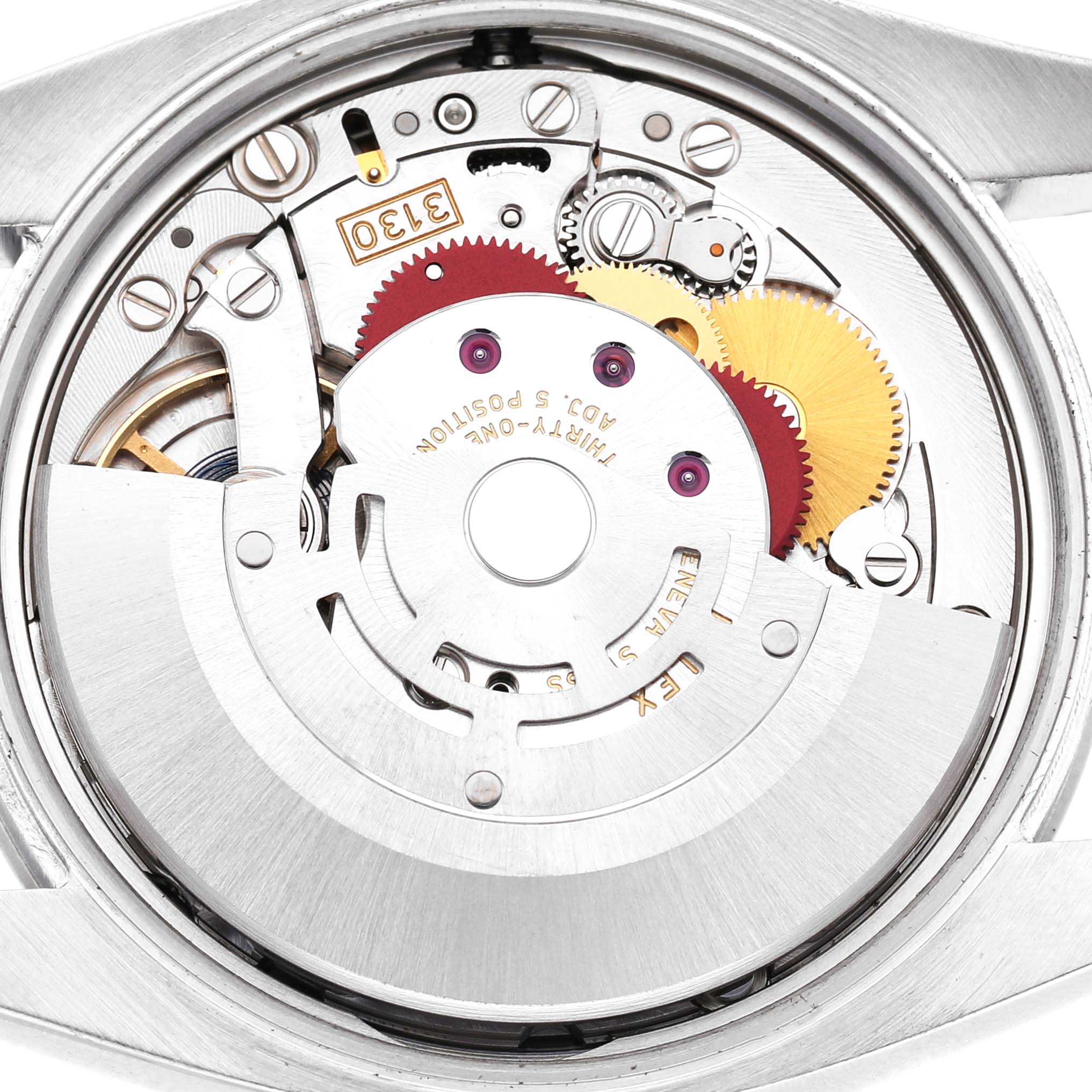 The image shows the movement of a Rolex Air-King 114200 Men's Stainless Steel White Dial watch, displaying gears and components from a back or internal angle.