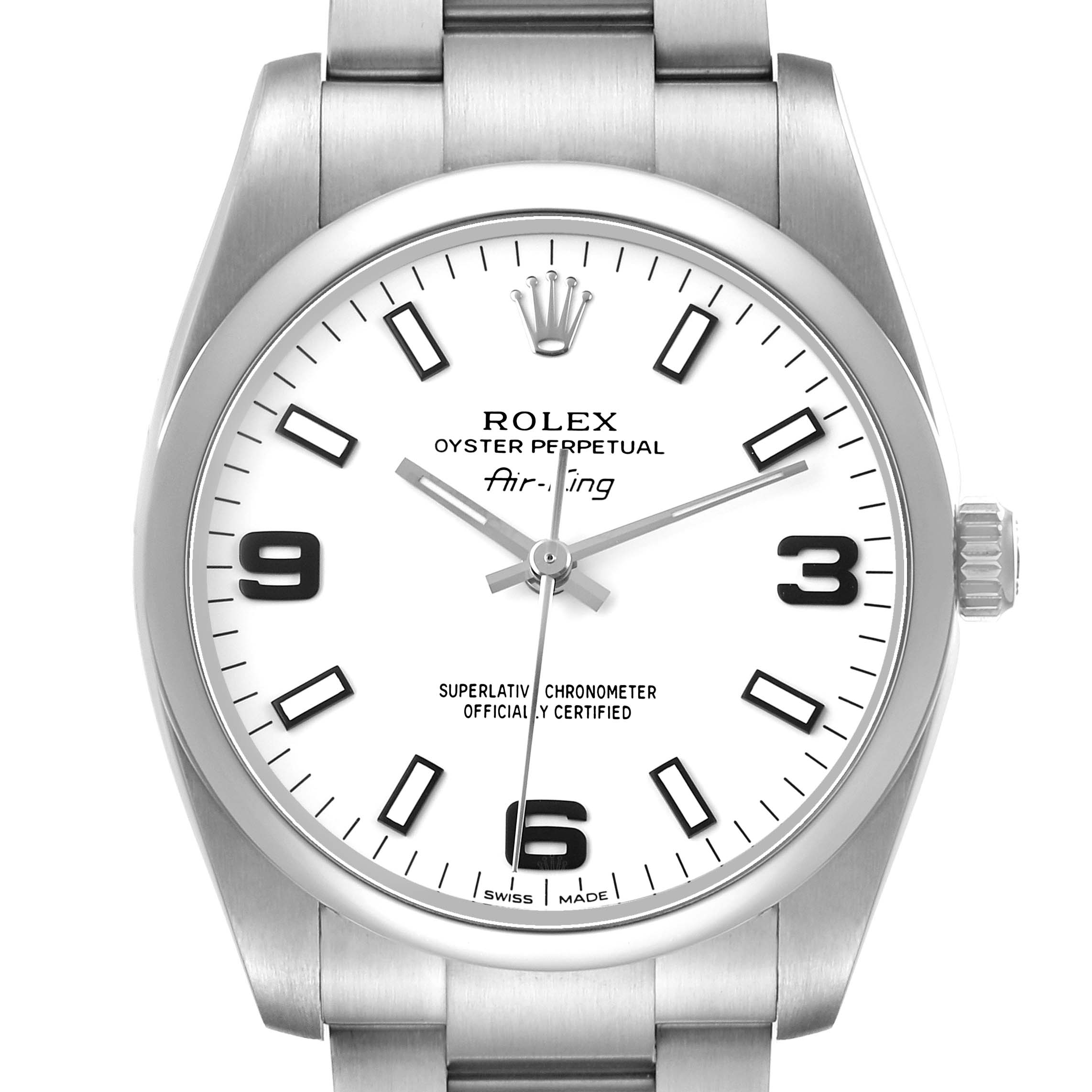 The Rolex Air-King 114200 Men's Stainless Steel White Dial watch is shown from a front angle, highlighting its dial, bezel, and part of the bracelet.
