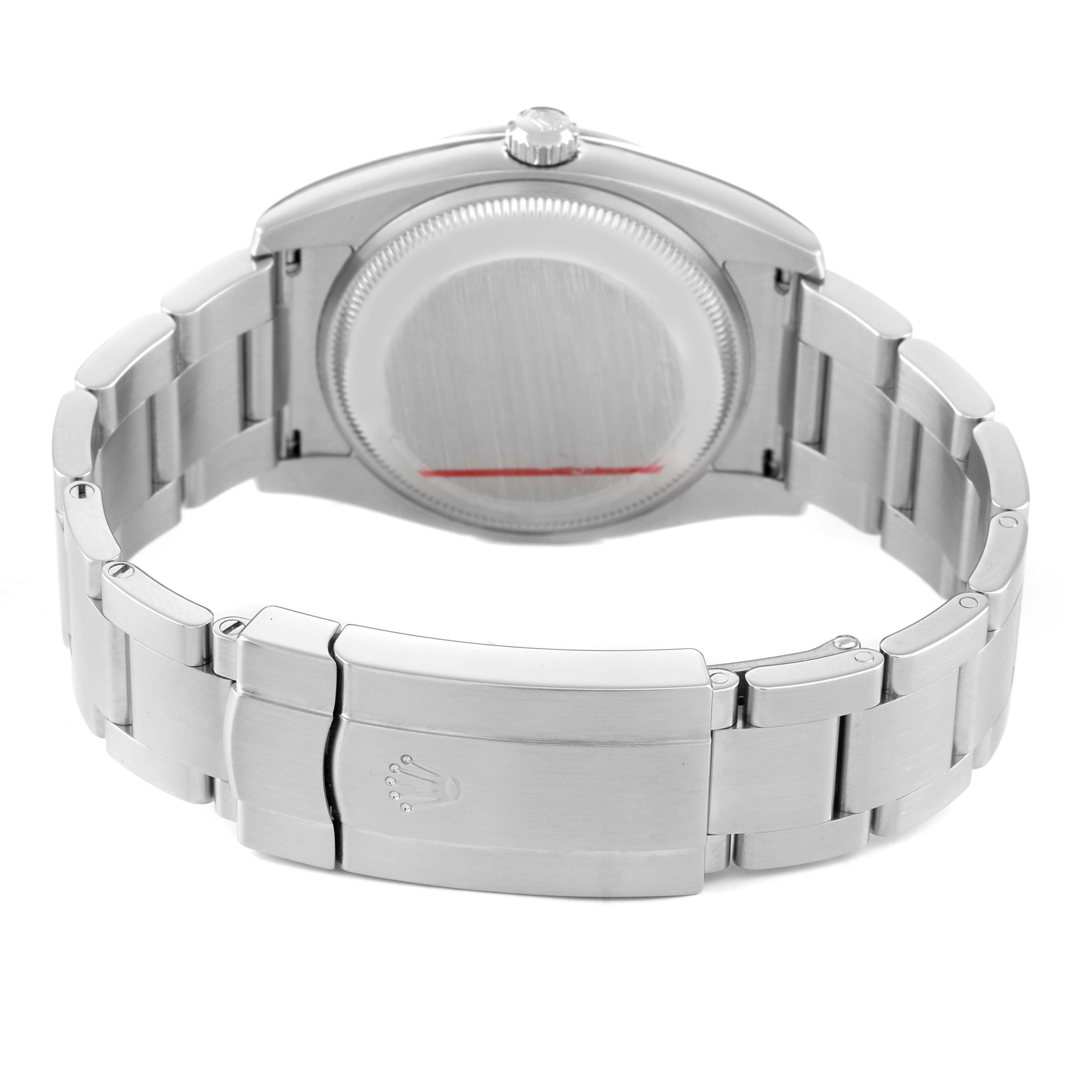 The image shows the Rolex Air-King 114200 Men's Stainless Steel White Dial's back case, bracelet, and clasp from a rear angle.