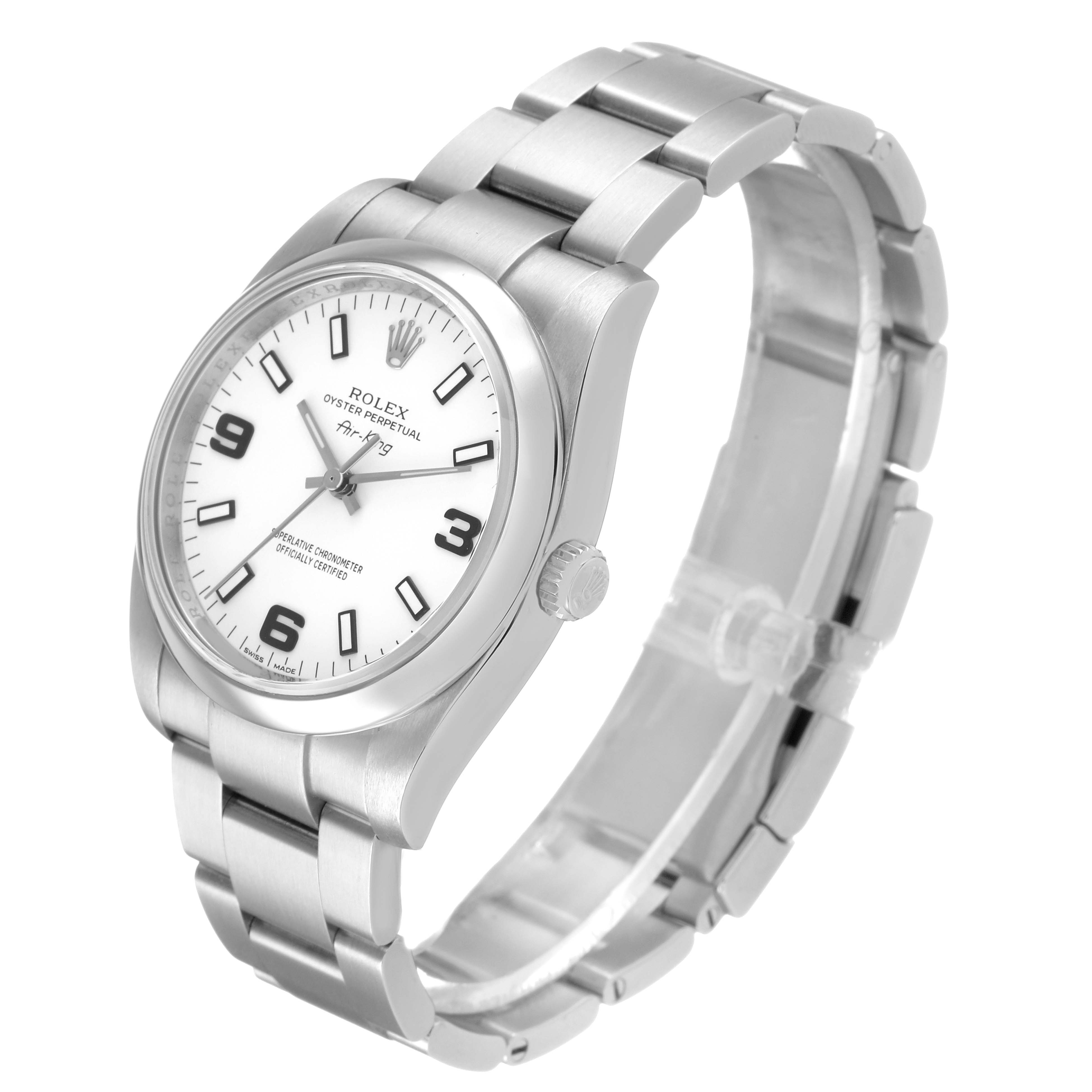 The Rolex Air-King 114200 Men's Stainless Steel White Dial watch is shown at a three-quarter angle, displaying the face, bezel, crown, and full bracelet.