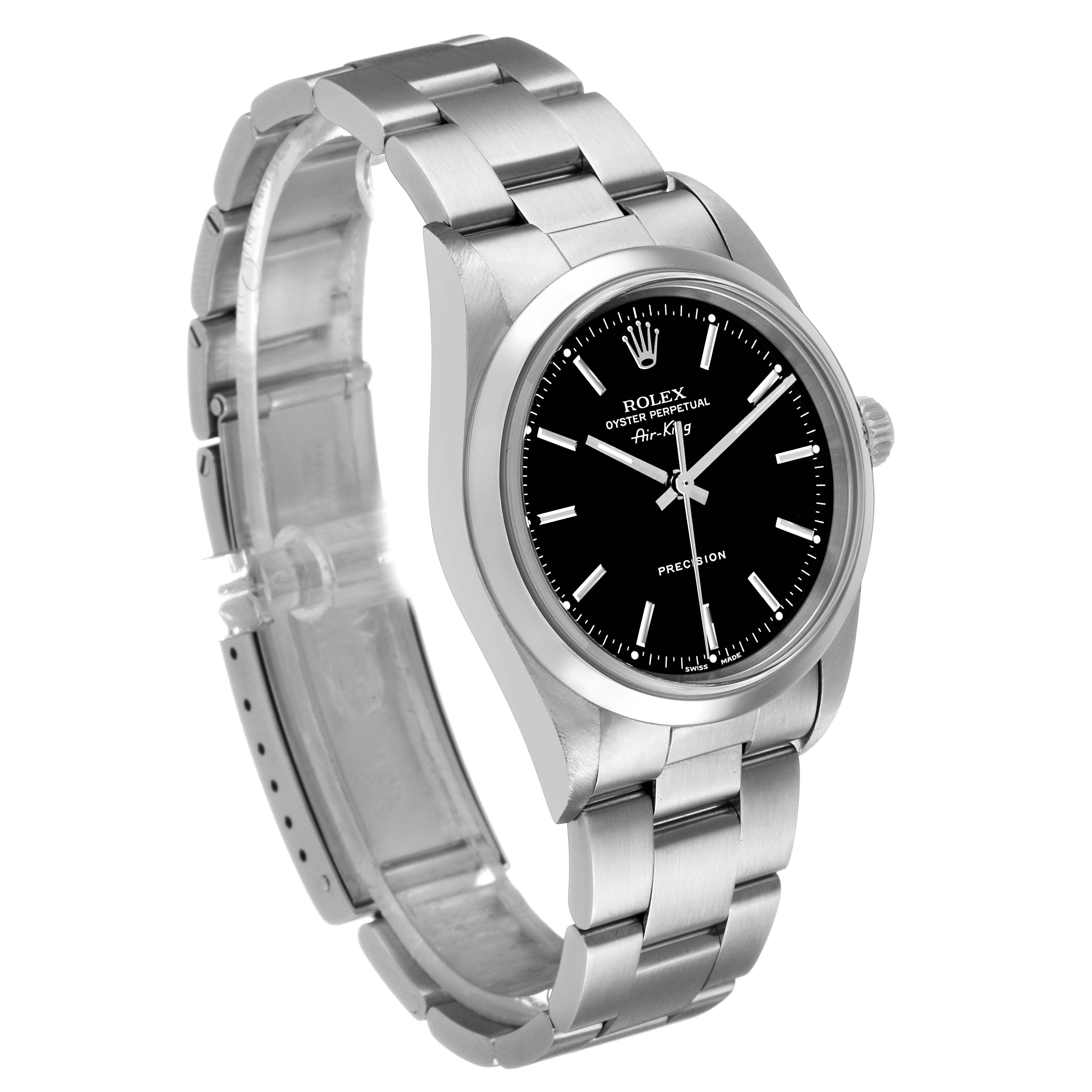 The Rolex Air-King 14000 Men's Stainless Steel Black Dial watch is shown at a three-quarter angle, displaying the face, bezel, and part of the bracelet.