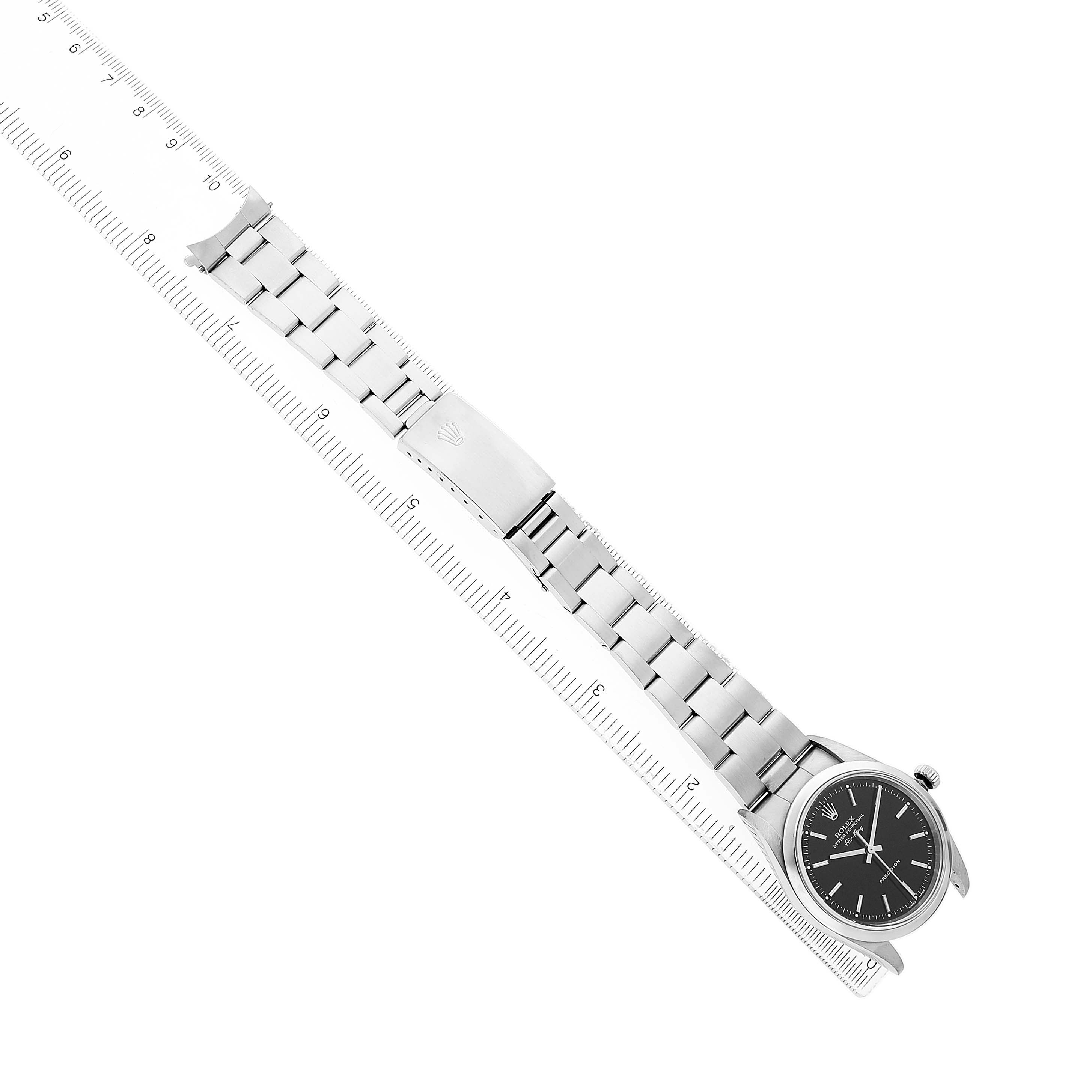 The Rolex Air-King 14000 Men's Stainless Steel Black Dial watch is shown from a top-down angle, displaying the full bracelet, clasp, and face.