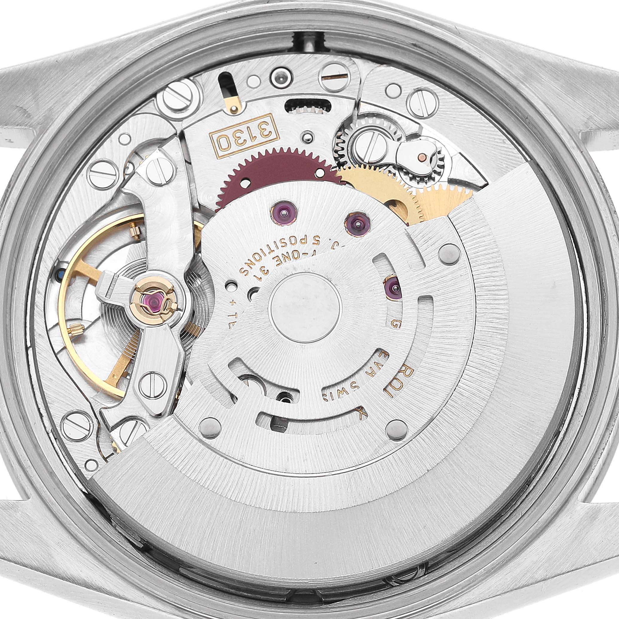 The image shows the internal movement of a Rolex Air-King 14000 Men's Stainless Steel Black Dial watch from a top view, highlighting the gears and rotor.