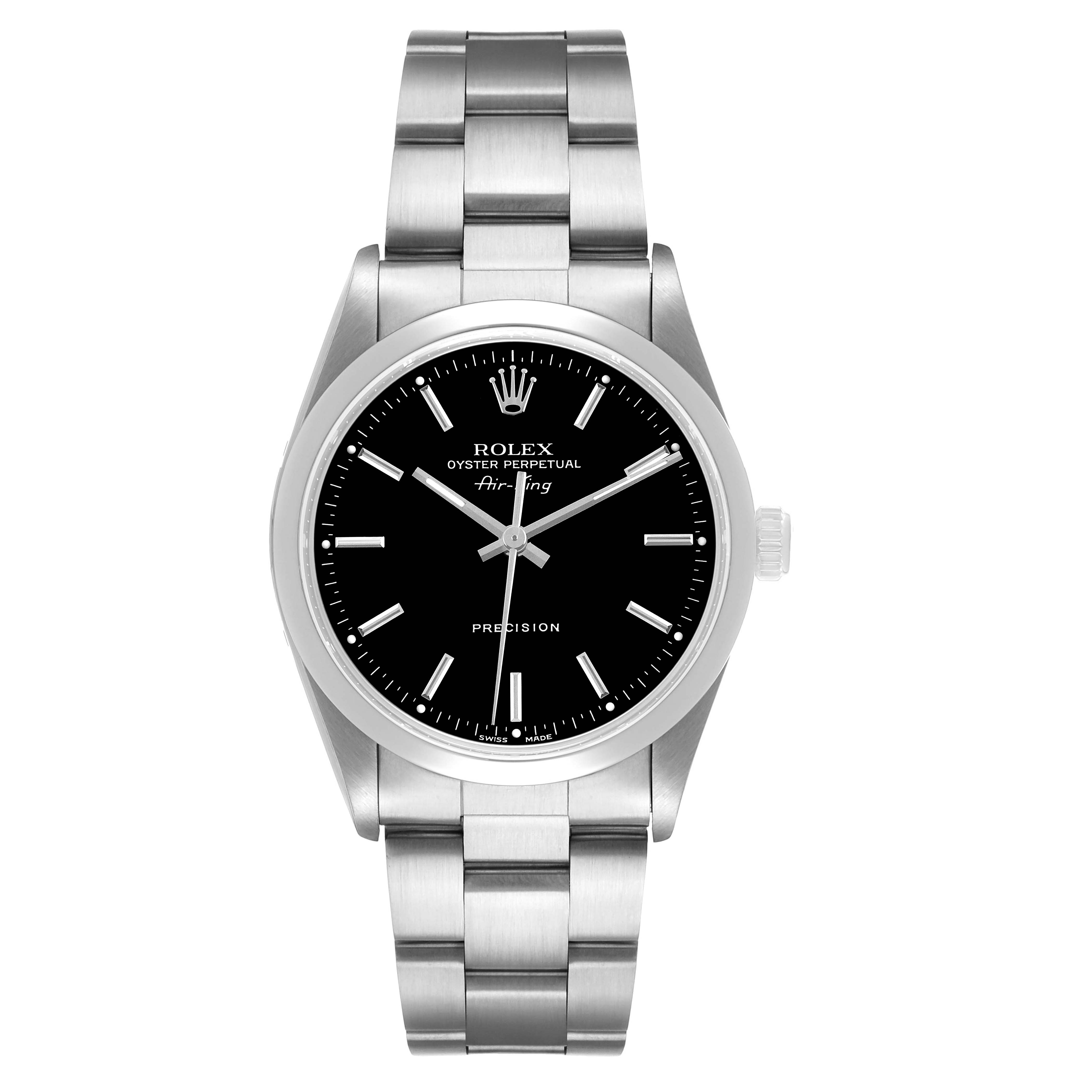 The Rolex Air-King 14000 Men's Stainless Steel Black Dial watch is shown from a front angle, displaying the full face, bezel, bracelet, and crown.