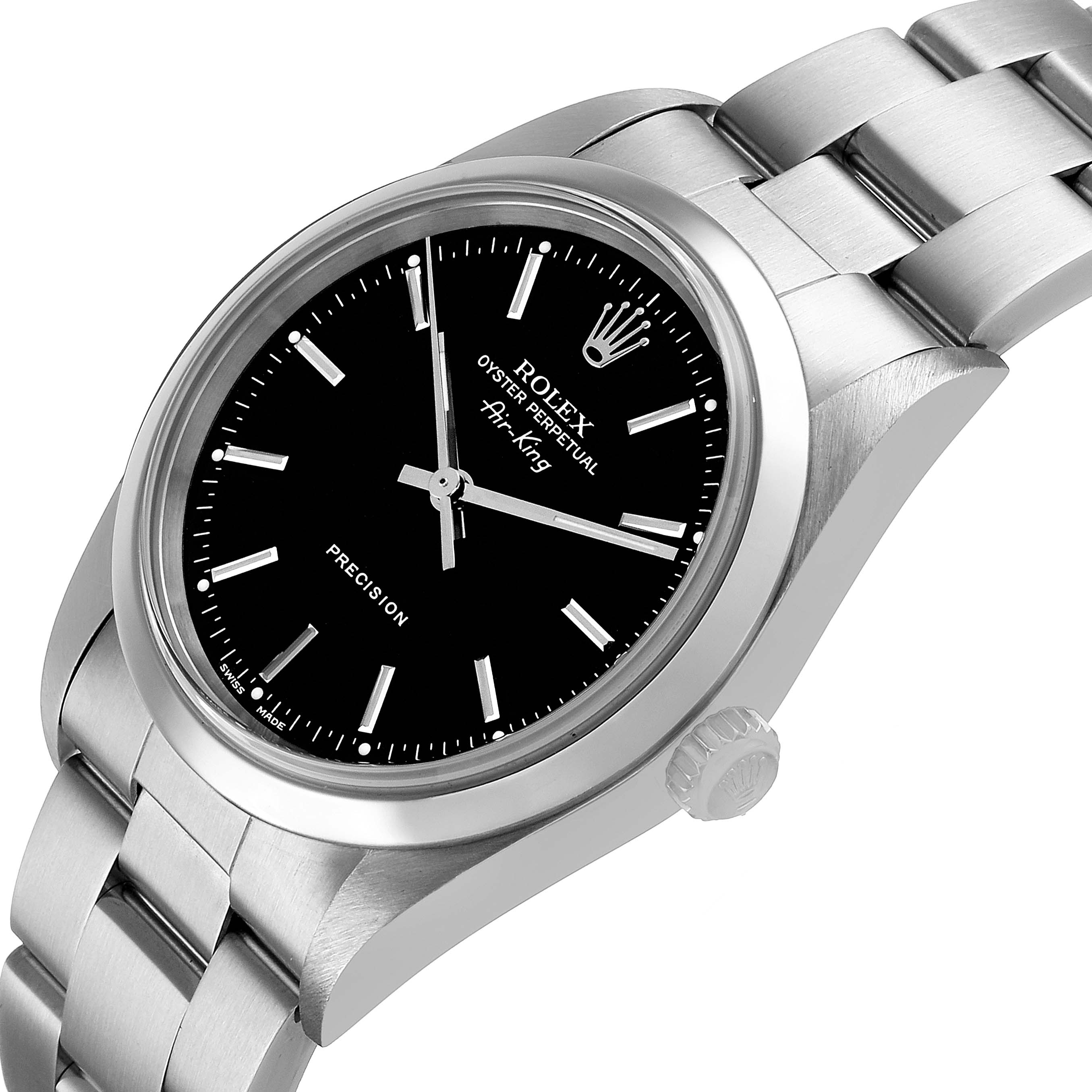 The Rolex Air-King 14000 Men's Stainless Steel Black Dial is shown from a slightly angled top view, displaying the watch face, bezel, case, and part of the bracelet.