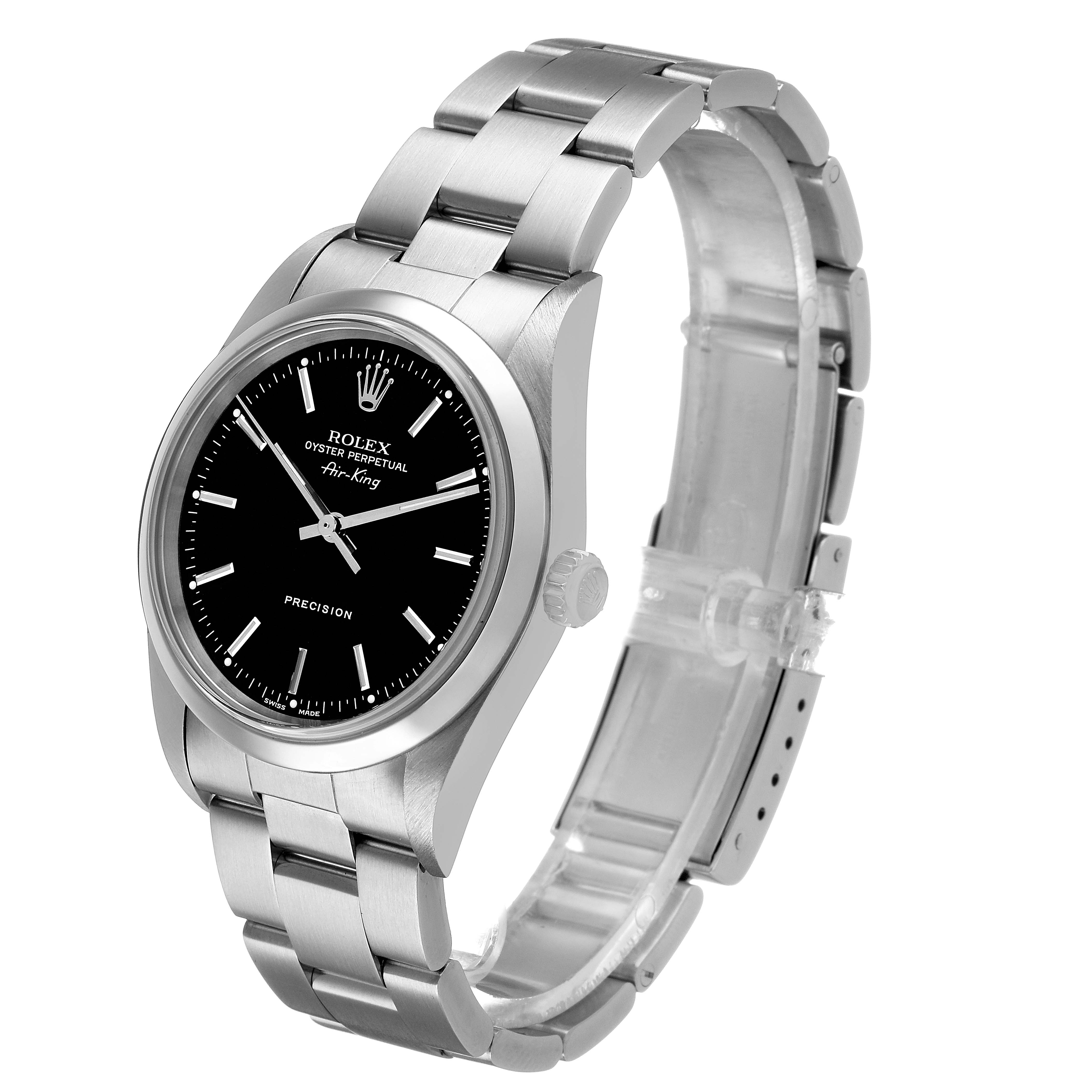 The Rolex Air-King 14000 Men's Stainless Steel Black Dial watch is shown at a three-quarter angle, highlighting the bracelet, case, crown, and black dial.