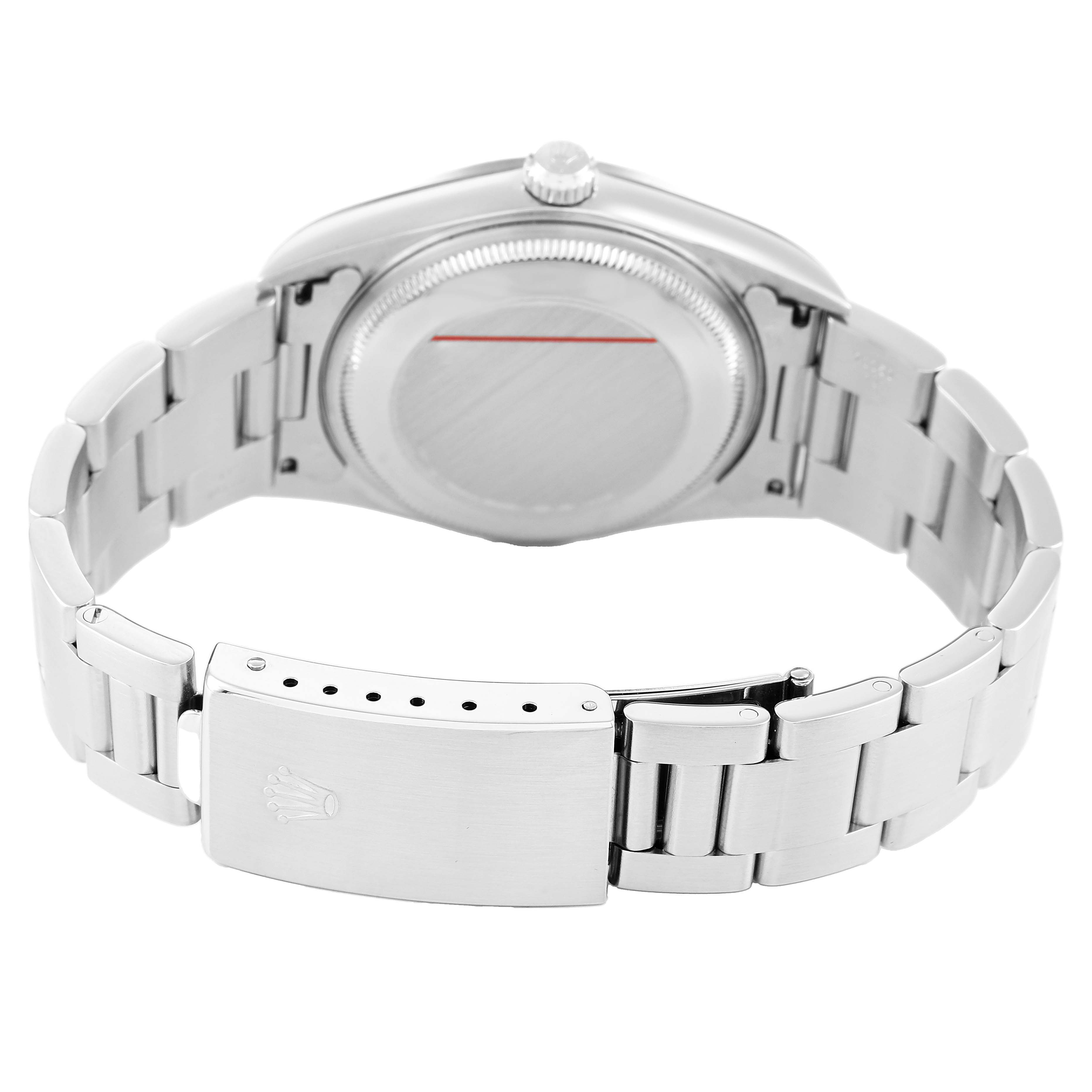 The image shows the Rolex Air-King 14000 Men's Stainless Steel Black Dial watch from a rear angle, highlighting the case back, bracelet, and clasp.