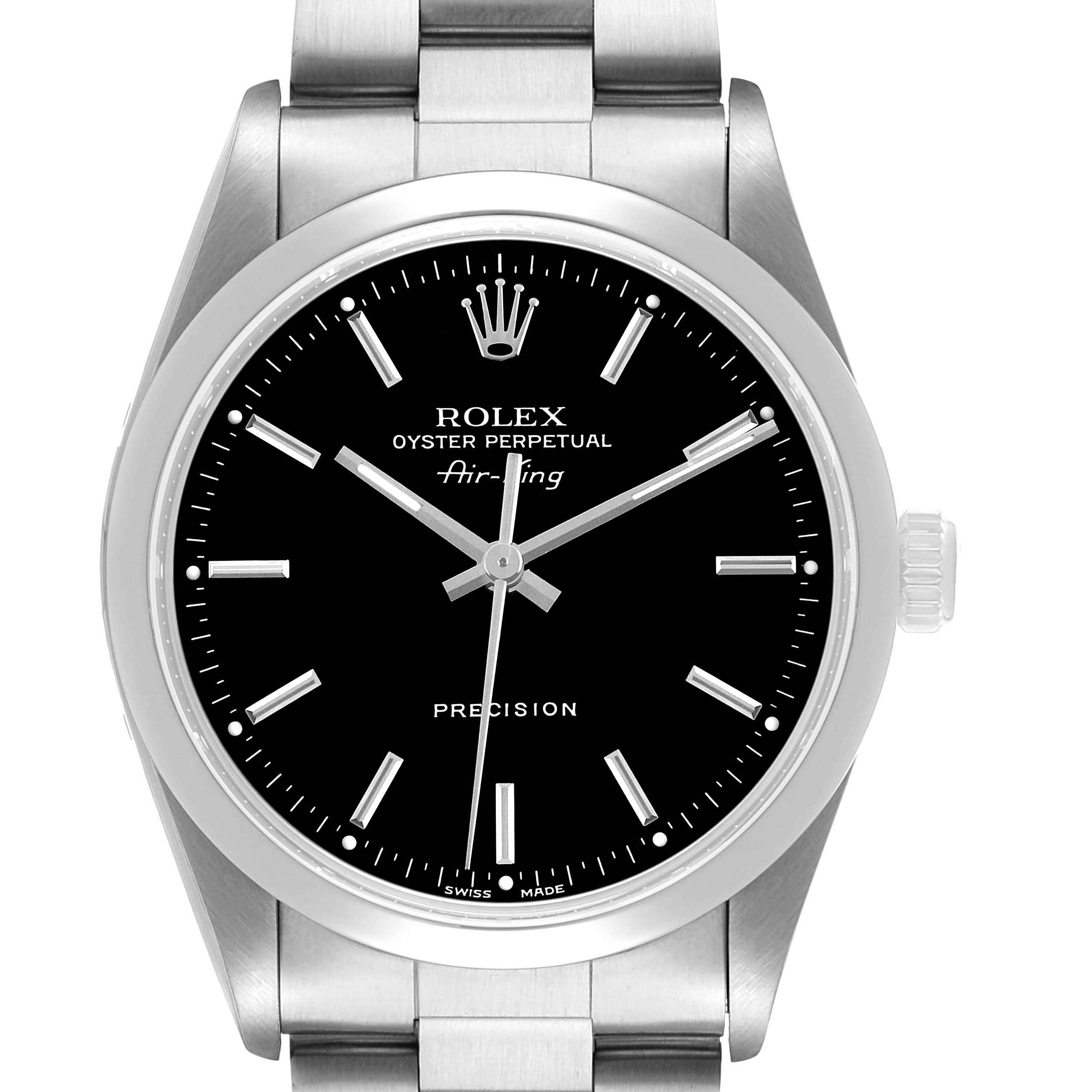The Rolex Air-King 14000 Men's Stainless Steel Black Dial watch is shown from a front angle, displaying its black dial and stainless steel bracelet.