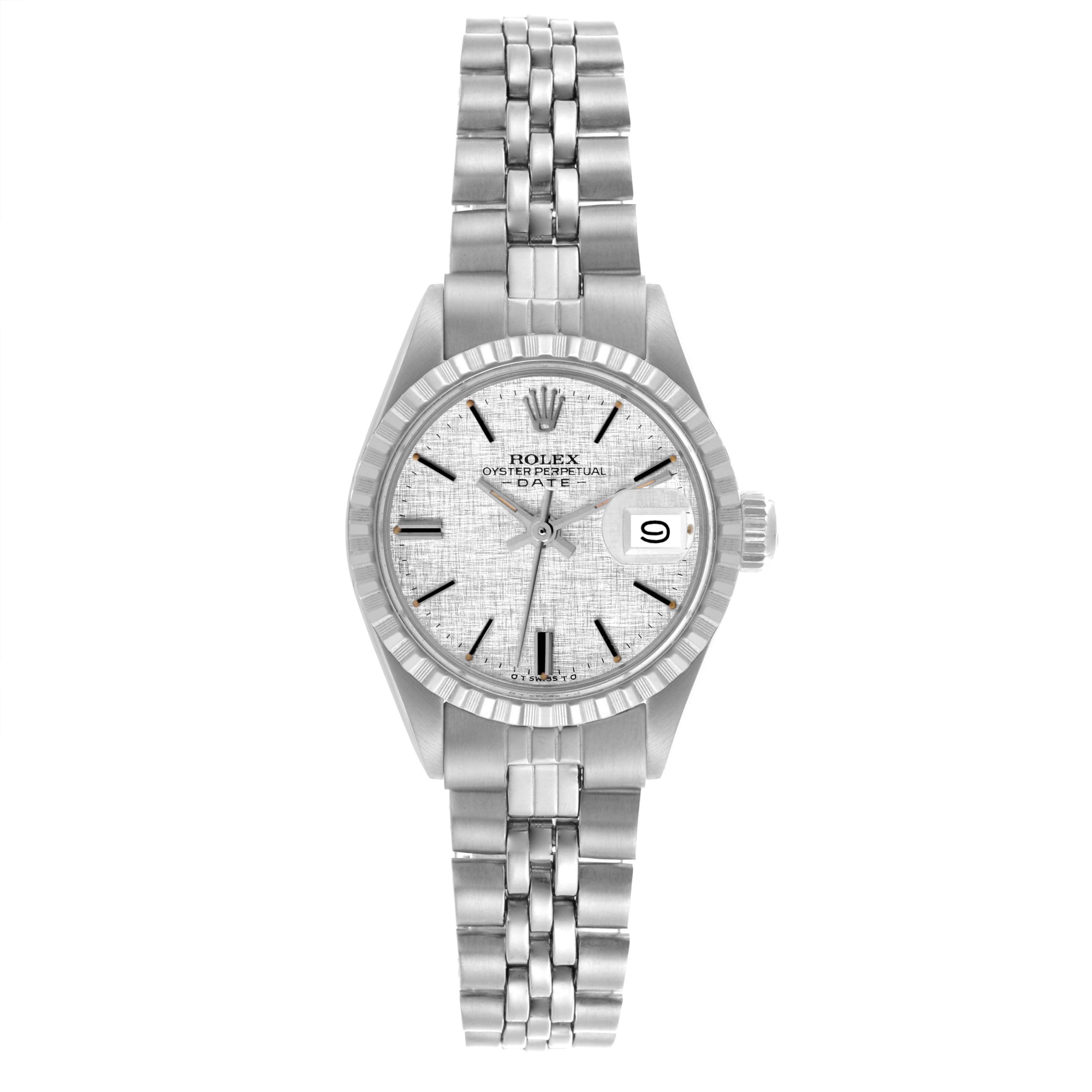 The image shows a front view of a Rolex Date 6924 Women
s Stainless Steel Silver Dial 6924 Women
s Stainless Steel Silver Dial watch, displaying the dial, bezel, bracelet, and the date feature.