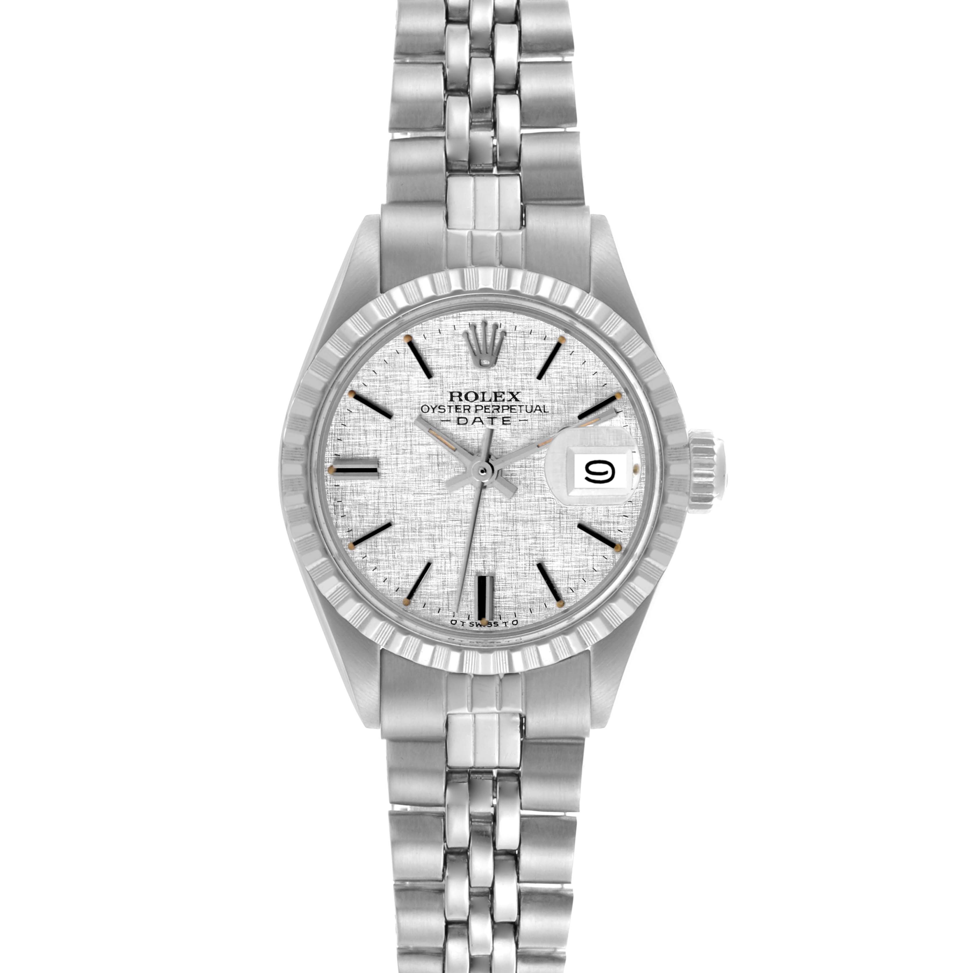 The Rolex Date 6924 Women
s Stainless Steel Silver Dial 6924 Women
s Stainless Steel Silver Dial watch is shown from a front angle, highlighting the dial, bezel, bracelet, and date window.