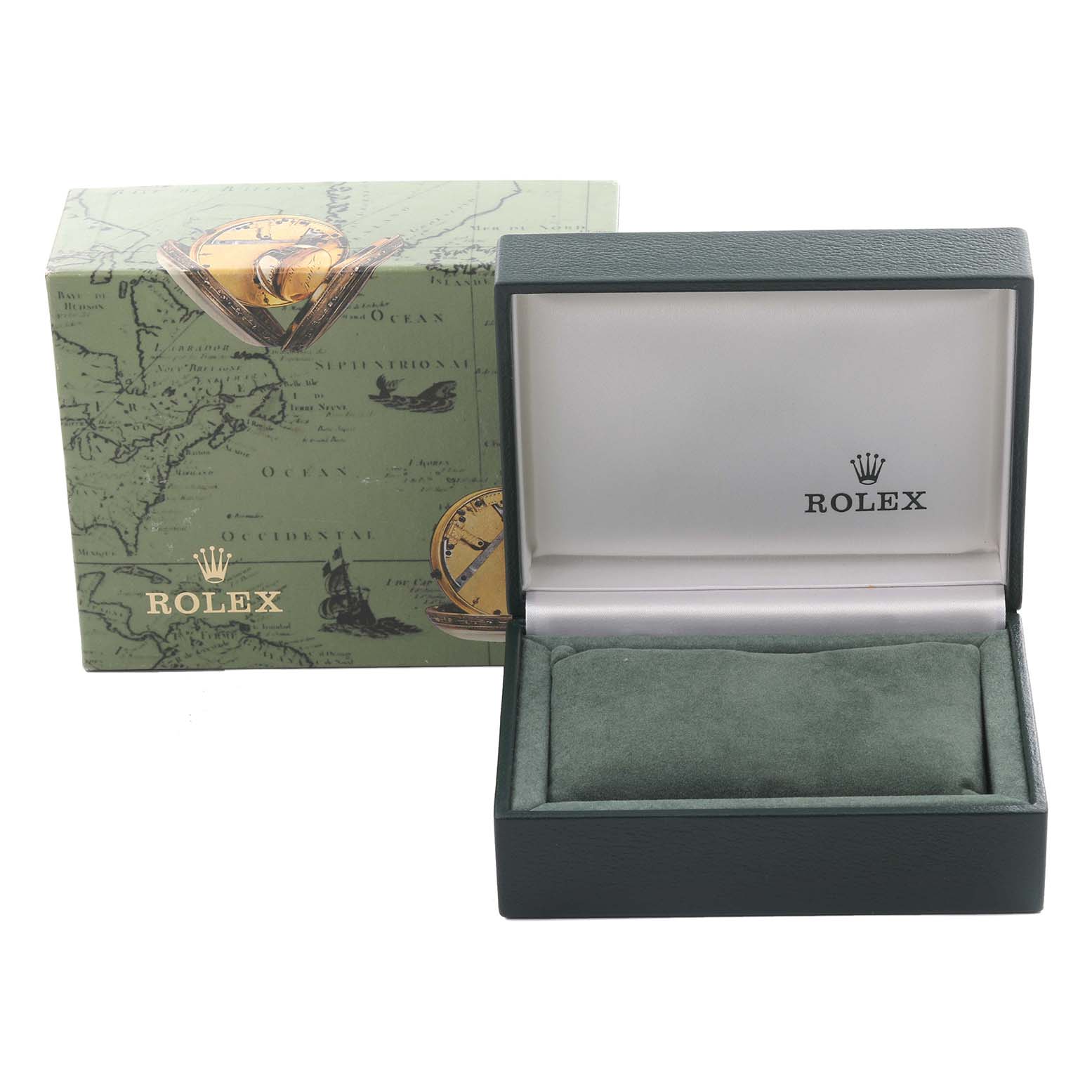 The image shows a Rolex Date 6924 Women
s Stainless Steel Silver Dial 6924 Women
s Stainless Steel Silver Dial model watch box and packaging at an angled view, with the box open and display cushion inside.