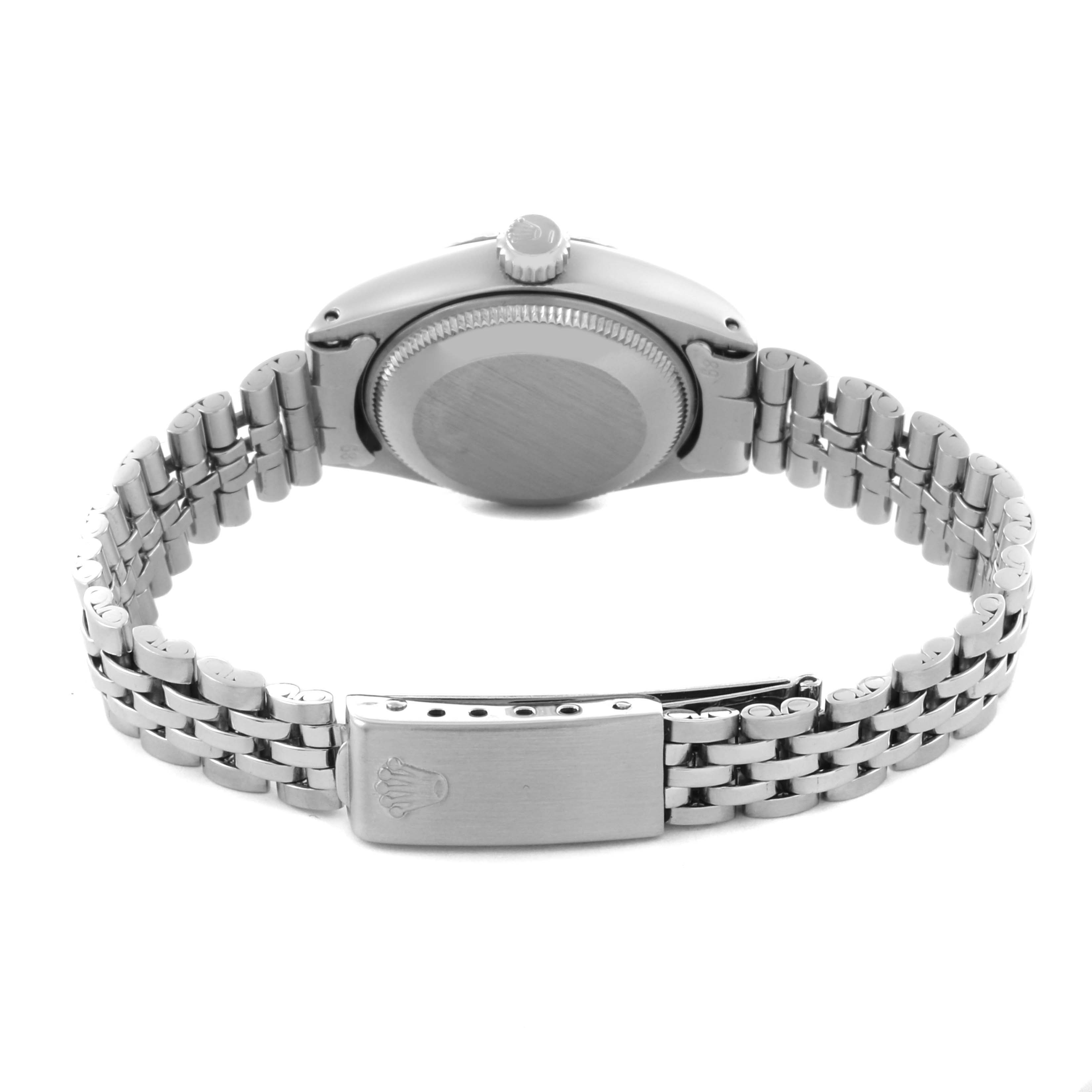 The image shows the back and bracelet of a Rolex Date 6924 Women
s Stainless Steel Silver Dial 6924 Women
s Stainless Steel Silver Dial model, featuring the clasp and case back.