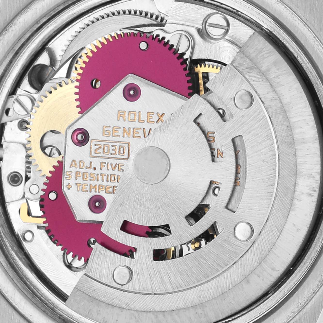The image shows the intricate internal movement of a Rolex Date 6924 Women
s Stainless Steel Silver Dial 6924 Women
s Stainless Steel Silver Dial model watch from a top-down angle.