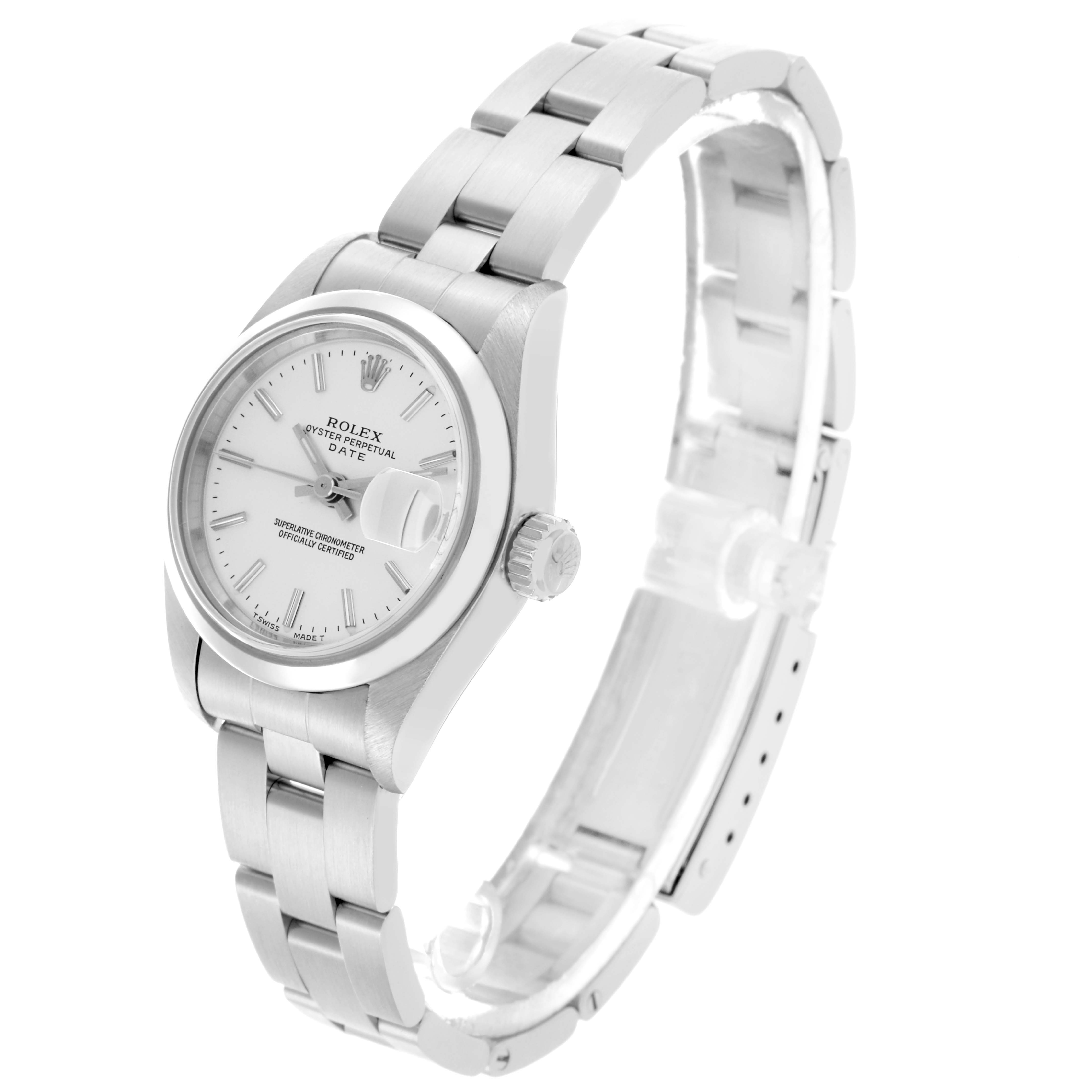 The Rolex Date 69160 Women's Stainless Steel Silver Dial 69160 Women's Stainless Steel Silver Dial watch is shown at a three-quarter angle, highlighting the dial, bezel, bracelet, and side crown.