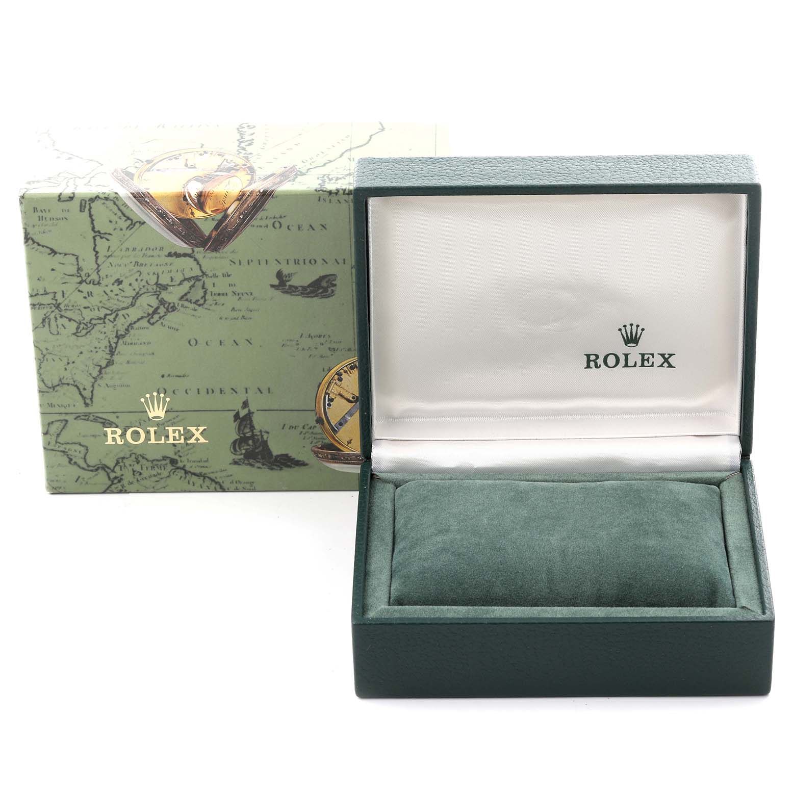 The image shows a Rolex Date 69160 Women's Stainless Steel Silver Dial 69160 Women's Stainless Steel Silver Dial model box and packaging, with the box open, displaying the interior and cushion.