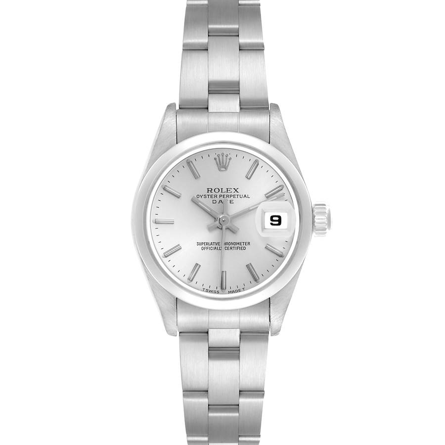 The Rolex Date model is shown from a frontal angle, displaying the dial, bracelet, and cyclops date window.