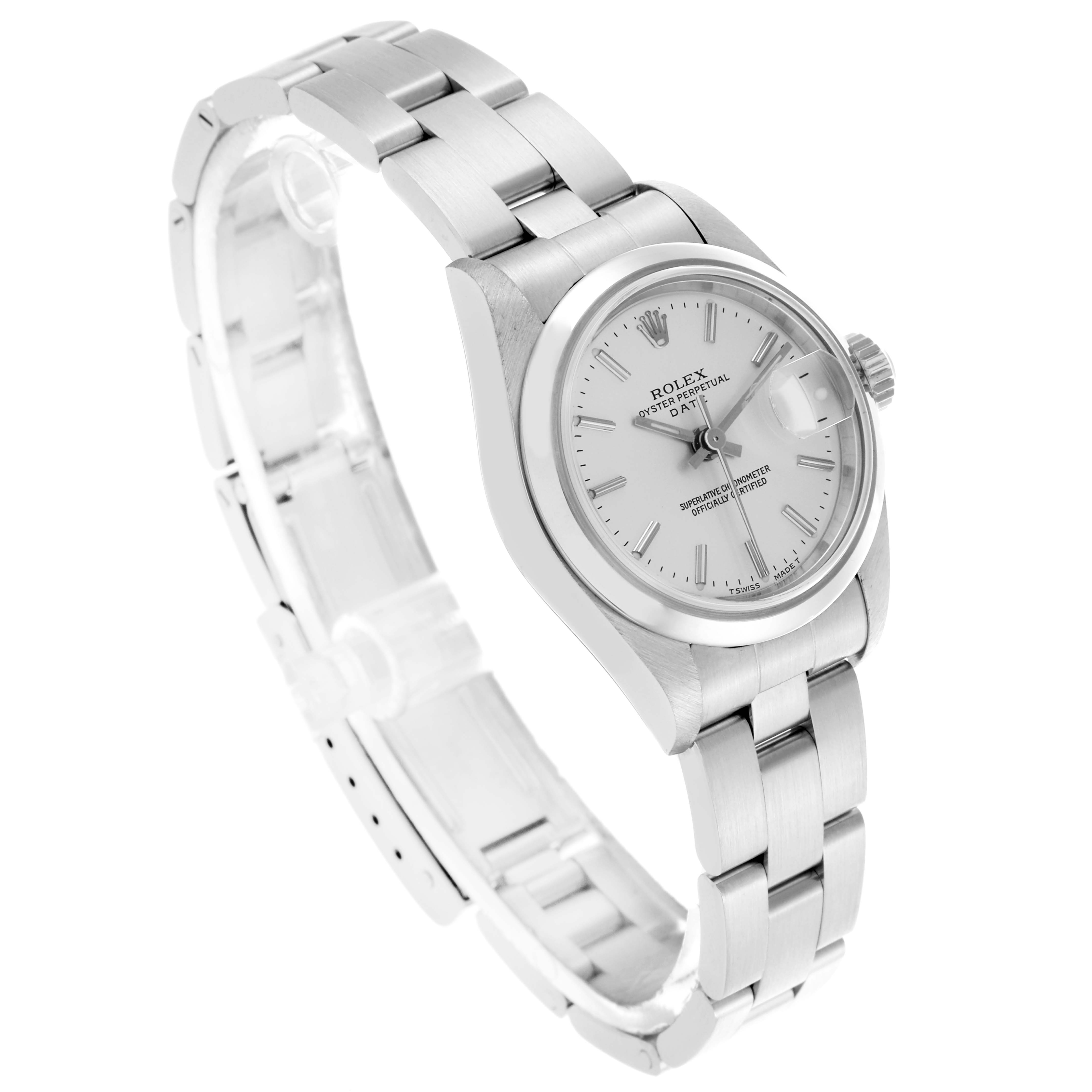The Rolex Date 69160 Women's Stainless Steel Silver Dial 69160 Women's Stainless Steel Silver Dial watch is shown at a three-quarter angle, displaying the dial, bezel, crown, and bracelet.