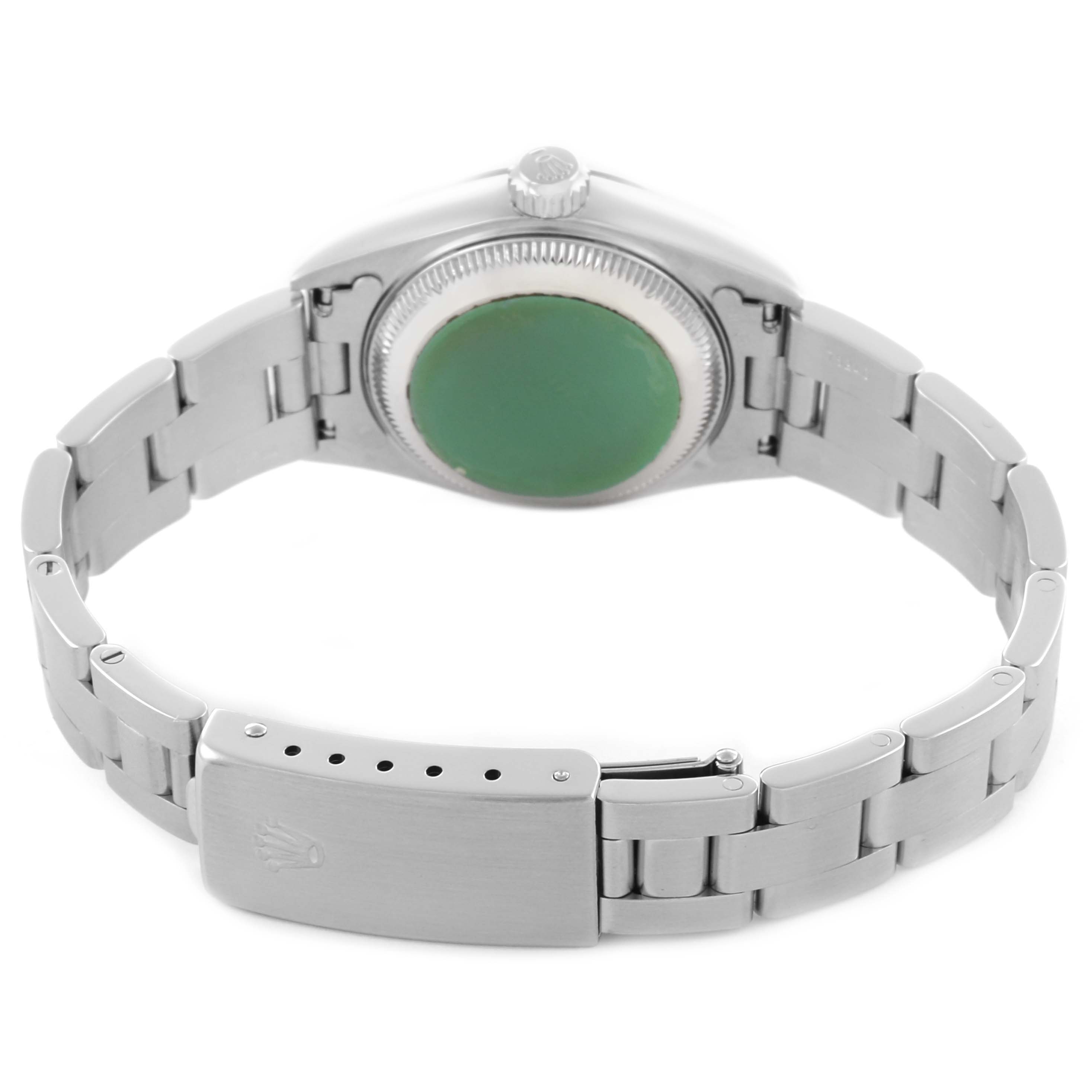 The image shows the underside of a Rolex Date 69160 Women's Stainless Steel Silver Dial 69160 Women's Stainless Steel Silver Dial model watch, highlighting the bracelet clasp and case back.